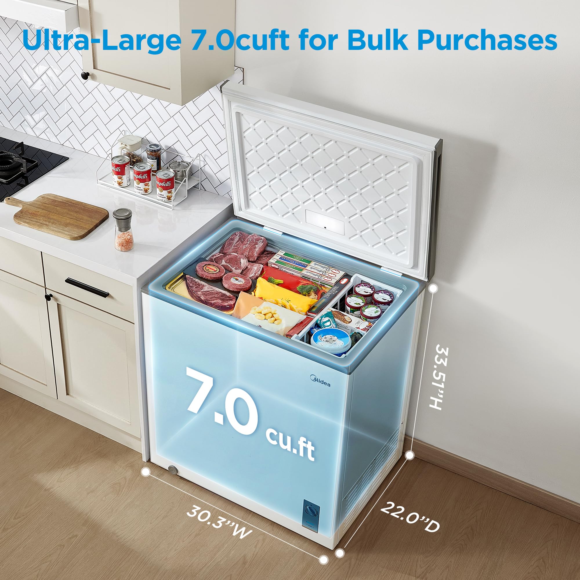 Midea MERC04C4BAWW Chest Freezer, 3.5 Cubic Feet Freezer With Removable Basket, Interior LED Light, Adjustable Temperature, For Kitchen Apartment Office, White