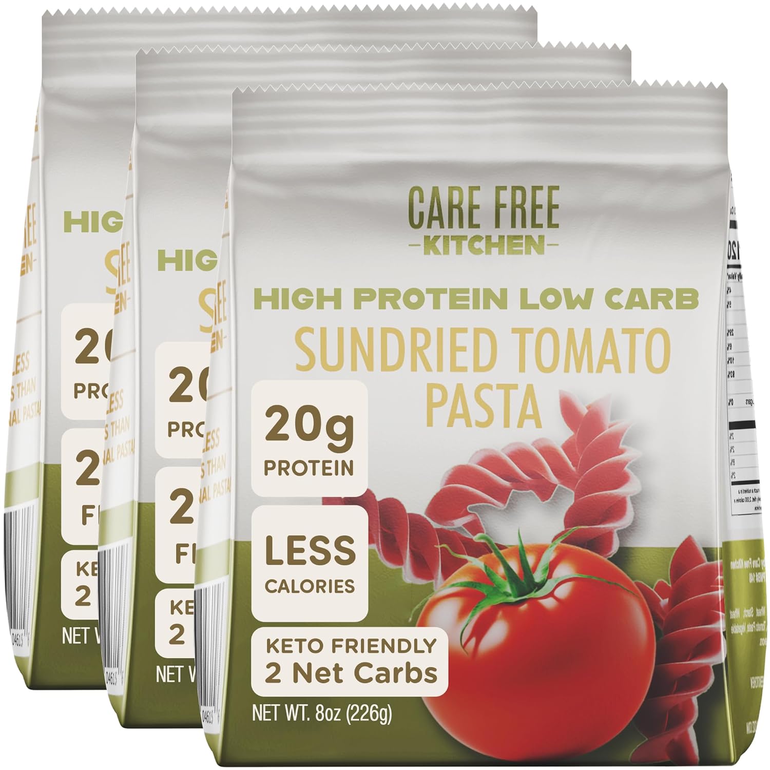 Care Free Kitchen Plain 3-Pack (8 oz. Bags) Rotini Keto Pasta Noodles, 20g High Protein, Low Carb 2g Net Carbs, 26g High Fiber