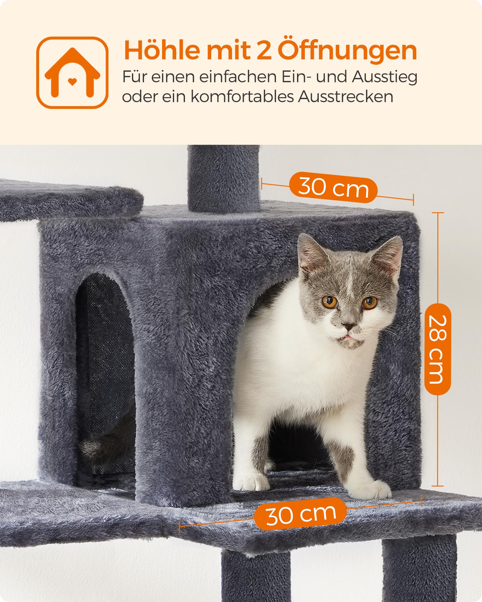 Feandrea Kratzbaum, 143 cm hoch, Katzenbaum, mehrstöckiges Katzenhaus, mit 4 Kratzsäulen, 2 Plattformen, Hängematte, Höhle, hellgrau PCT161W01