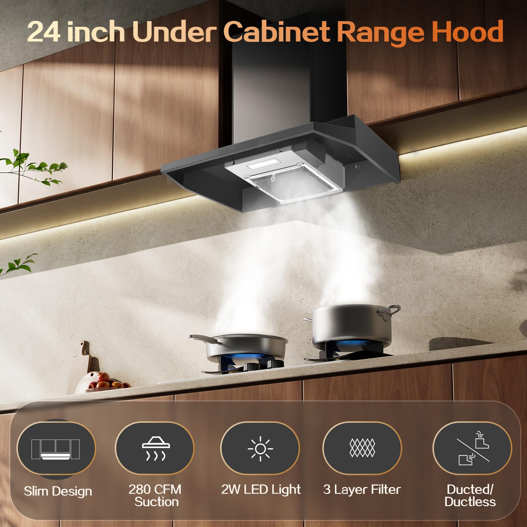 Range Hood 30 inch Under Cabinet, Stainless Steel Kitchen Vent Hood 280CFM, Built-in Kitchen Stove Hood w/Rocker Button Control, Ducted/Ductless Convertible Duct, 2 Speeds Fan, Bright LED Light