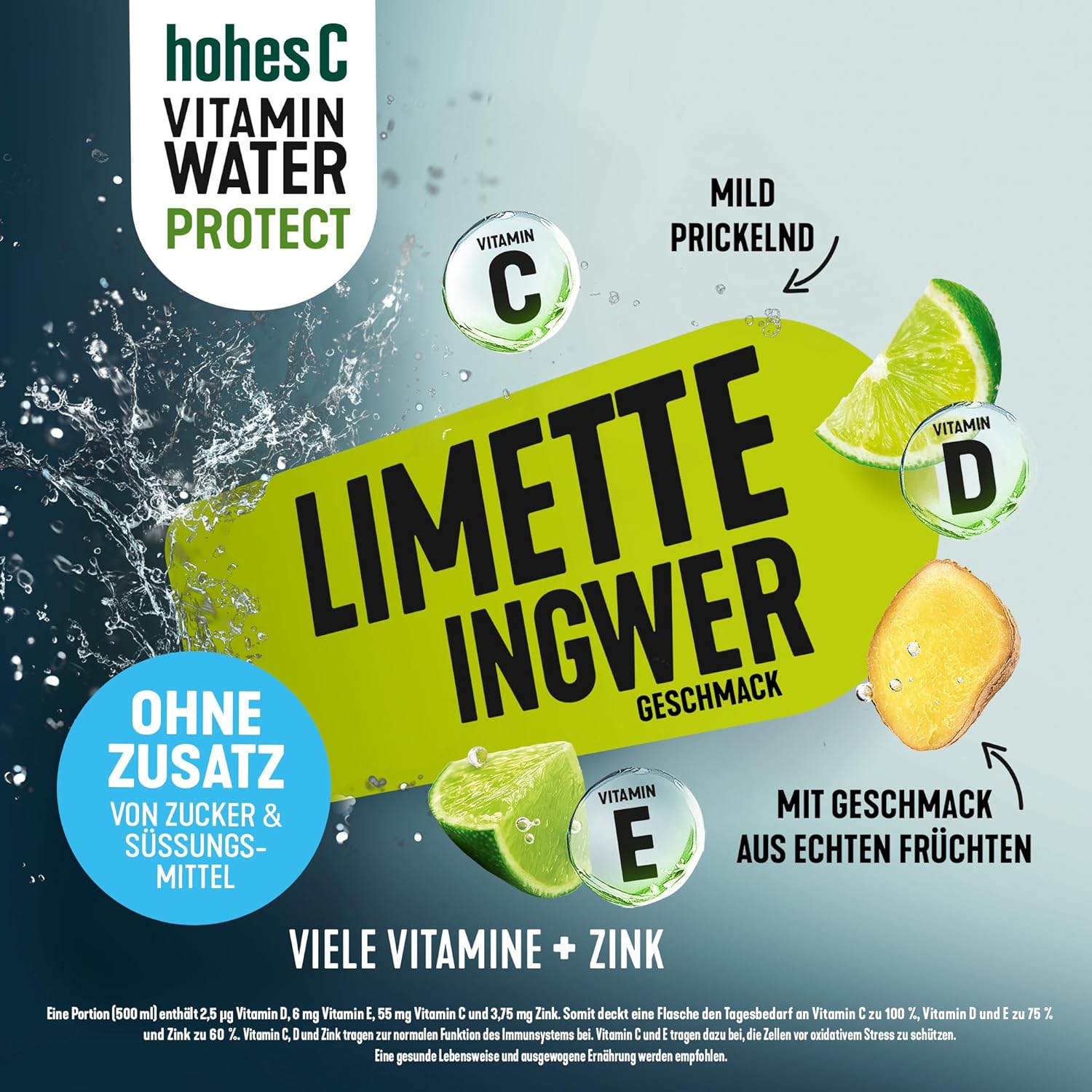 hohes C Vitamin Water Protect Limette & Ingwer (6 x 750ml), für dein Immunsystem: Vitamin C, D, E + Zink, gegen oxidativen Stress, nur 6kcal/100ml, ohne Zuckerzusatz & Süßungsmittel, vegan
