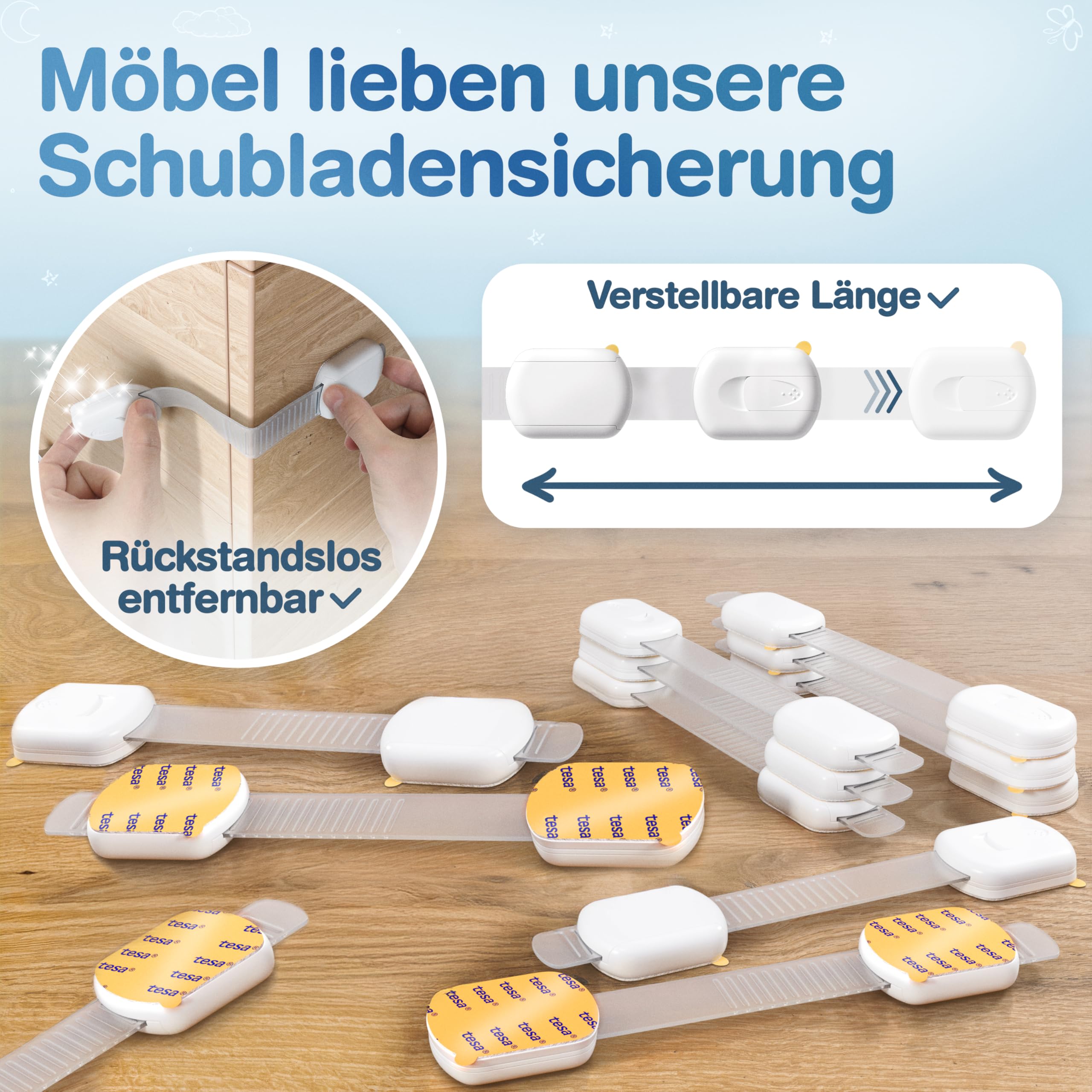 MUTKIND 10 Stück Kindersicherung Schrank - (Mit Kleber von TESA) Schranksicherung Baby - Längenverstellbar - Schubladensicherung Baby für Schränke, Kühlschrank, Tür - Kindersicherung Schubladen Weiß