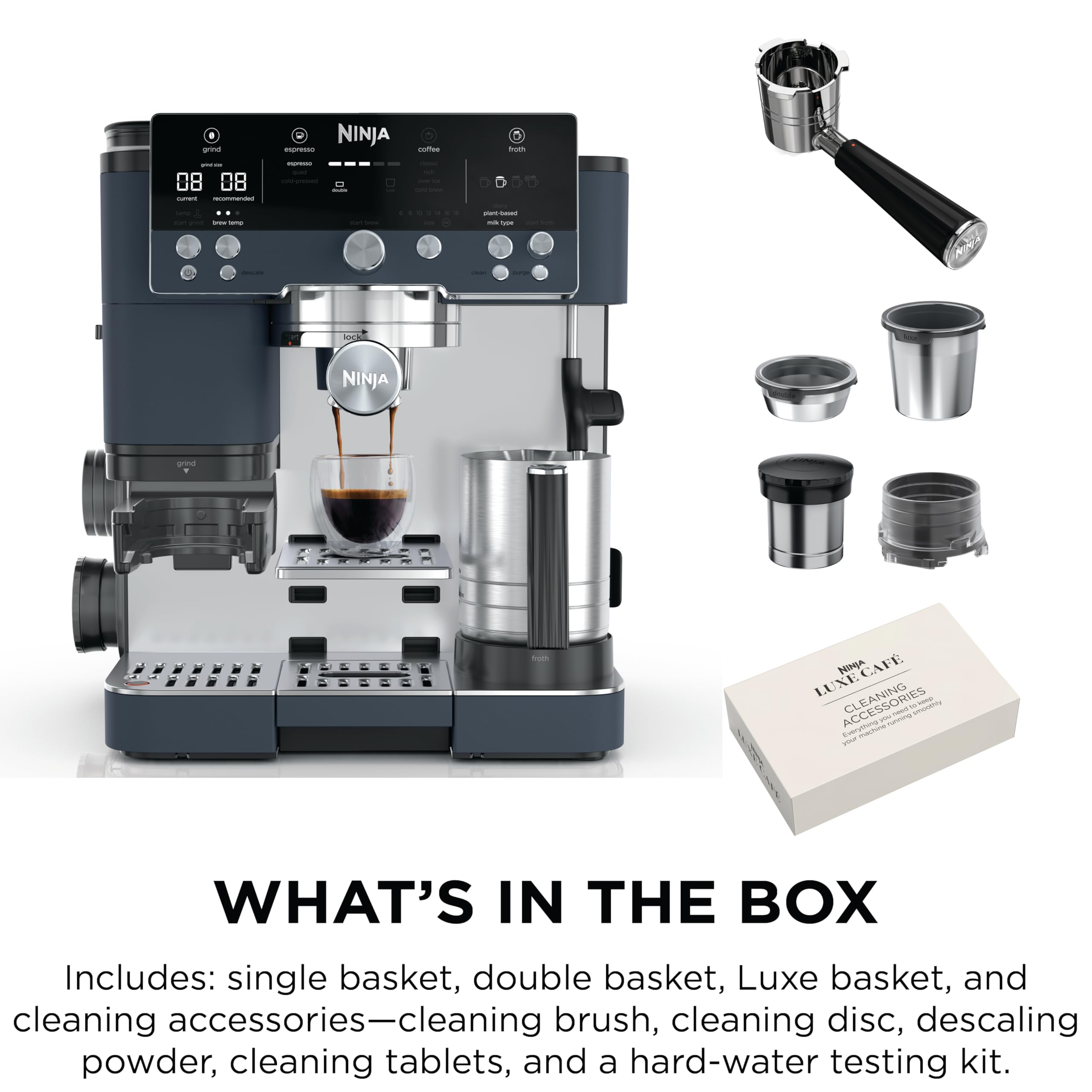 Ninja Luxe Café Premier 3-in-1 Espresso Machine, Drip Coffee, & Rapid Cold Brew | Built-in Coffee Grinder, Hands-Free Milk Frother, Assisted Tamper for Cappuccinos & Lattes | Stainless Steel | ES601