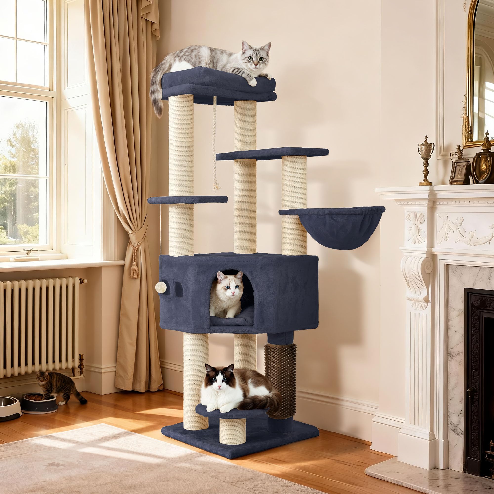 YITAHOME Kratzbaum, Katzenkratzbaum, für Große Katze, Katzenbaum, Katzenbürsten, 11 cm Dicke Stämme, Große Plattformen, Plüschkissen, Höhle, 50 x 50 x 157 cm, Beige