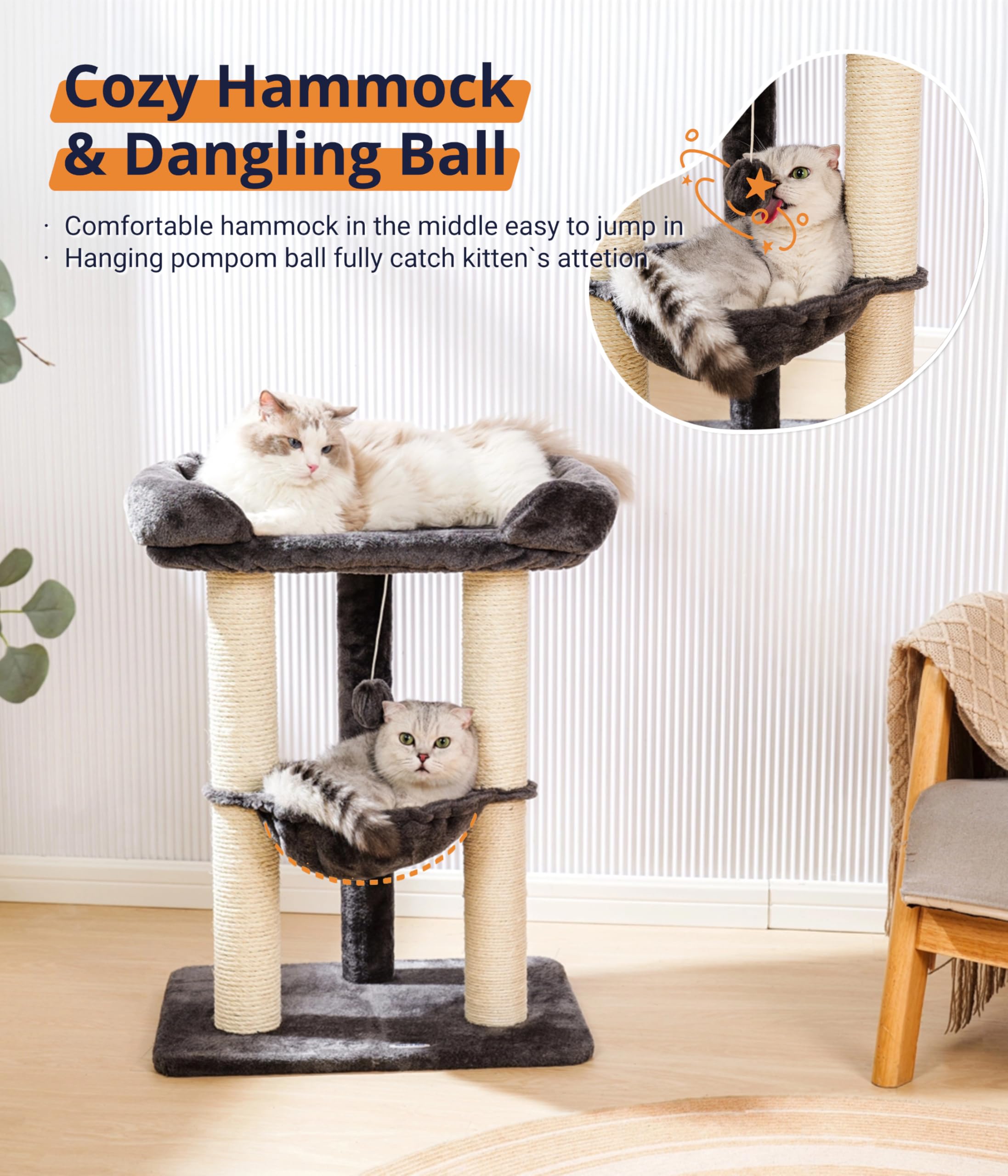 Happi N Pets 71CM Kratzbaum für Katzen, Hoher Kratzstamm mit großem Bett für große Katzen, Sisal-Kratzbaum mit weicher Liegefläche & Hängematte, Stabiler Katzenbaum, Abnehmbarer Bezug-Beige