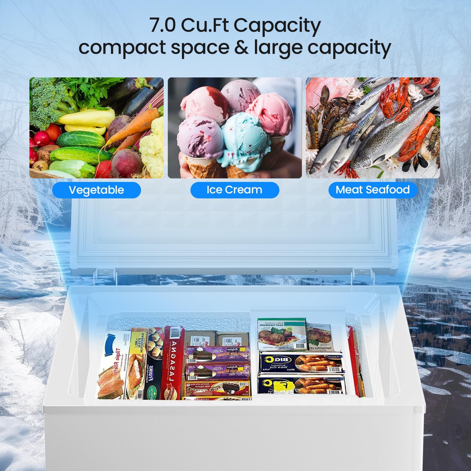 Kismile 2.8 Cubic Feet Chest Freezer with 2 Removable Basket Free Standing Top Open Door Compact Freezer with Adjustable Temperature for Home/Kitchen/Office/Bar
