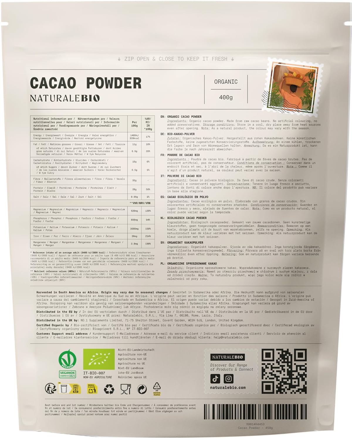 NaturaleBio Kakao Pulver Bio 1kg. Organic Cacao Pulver, Roh & Ungesüßt, Ideal für Getränke, Smoothies & Backen, Reich an Magnesium & Phosphor, Geprüft auf Schwermetalle