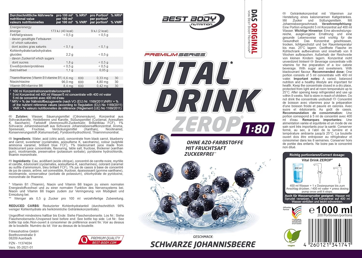 Best Body Nutrition ZEROP Vital Zuckerfreies Getränkekonzentrat Sirup Kirsche Ohne Aspartam 1 L ergibt 80 L Getränk Fitness Drink mit Vitaminen B1 B6 Niacin Kalorienarm Wassersprudler