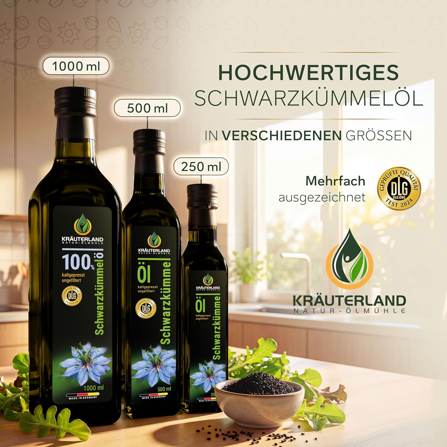 Kräuterland Schwarzkümmelöl 4X250ml (1000ml), ungefiltert, Omega 3-6-9, naturrein ohne Zusatzstoffe, hoher Thymoquinine, vegan, mild, kaltgepresst, mühlenfrisch aus unsrer hessischen Ölmühle