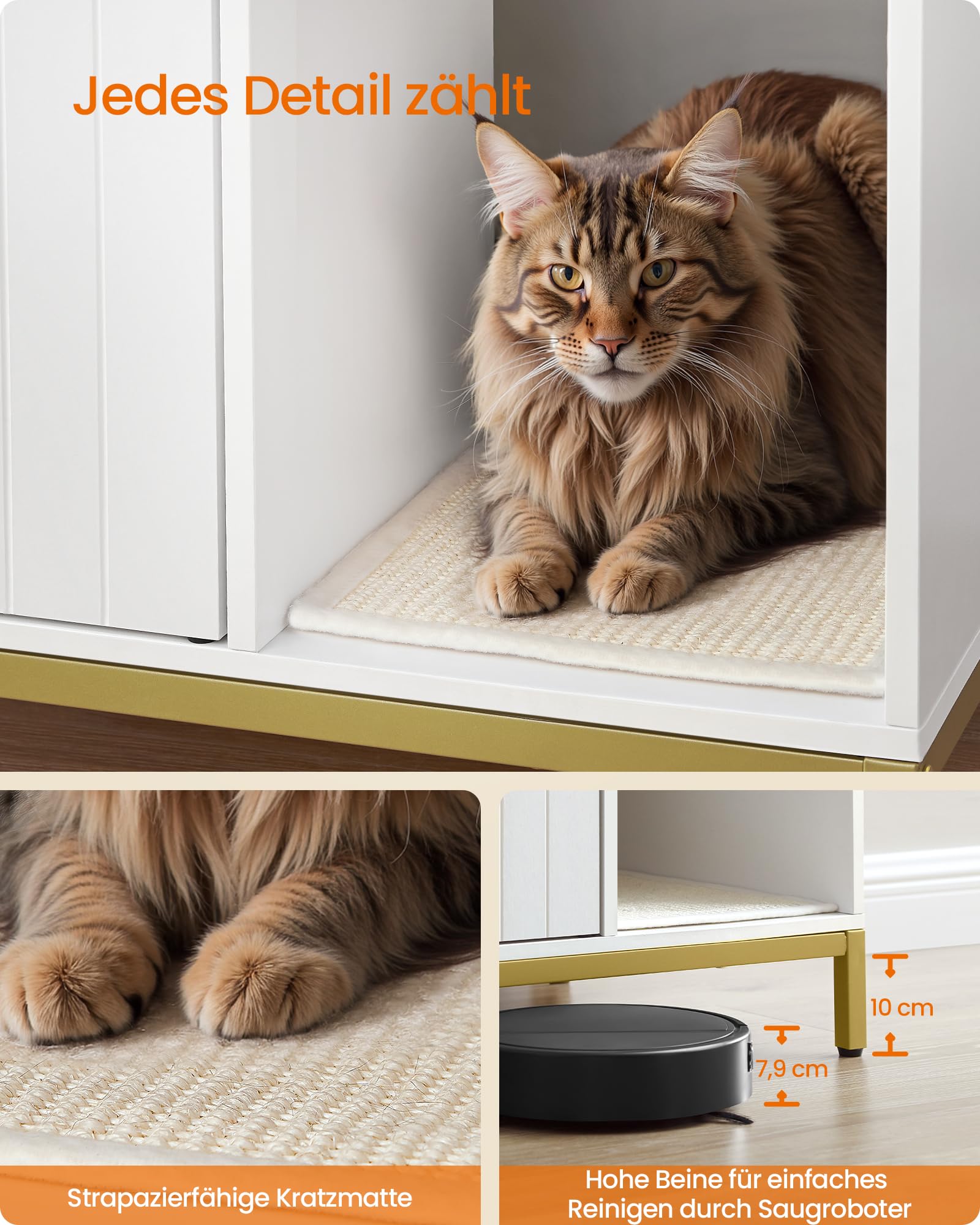 Feandrea Katzenklo-Schrank, Katzenhaus, Katzentoilette, mit Kratzmatte, hohe Beine, für Katzen, Beistelltisch, 80 x 50 x 55 cm, weiß-goldfarben PCL007W01