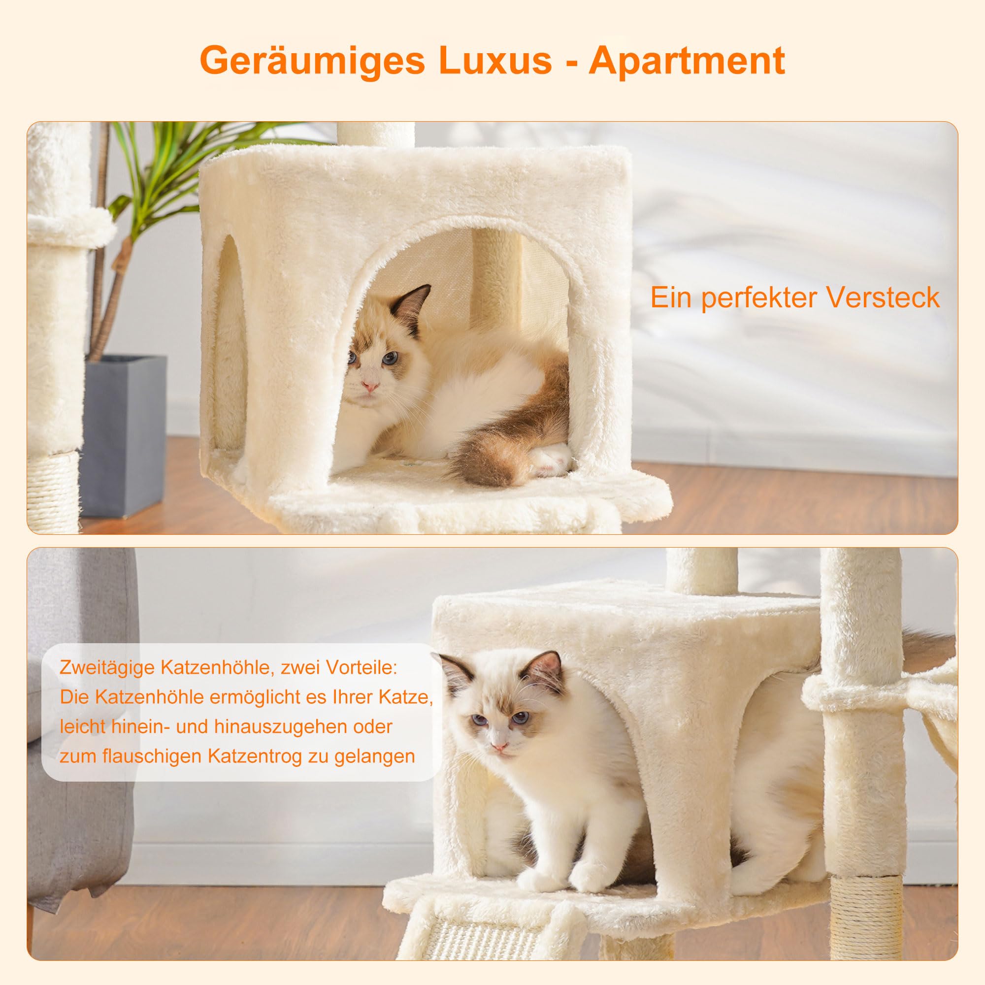 Heybly Kratzbaum mit Katzenbürste, Katzenbaum für Hauskatzen mit Gepolsterter Sitzstange aus Plüsch, Katzenkratzbaum mit Korb, Kratzbrett und Kratzbaum, Hellgrau HCT005SW