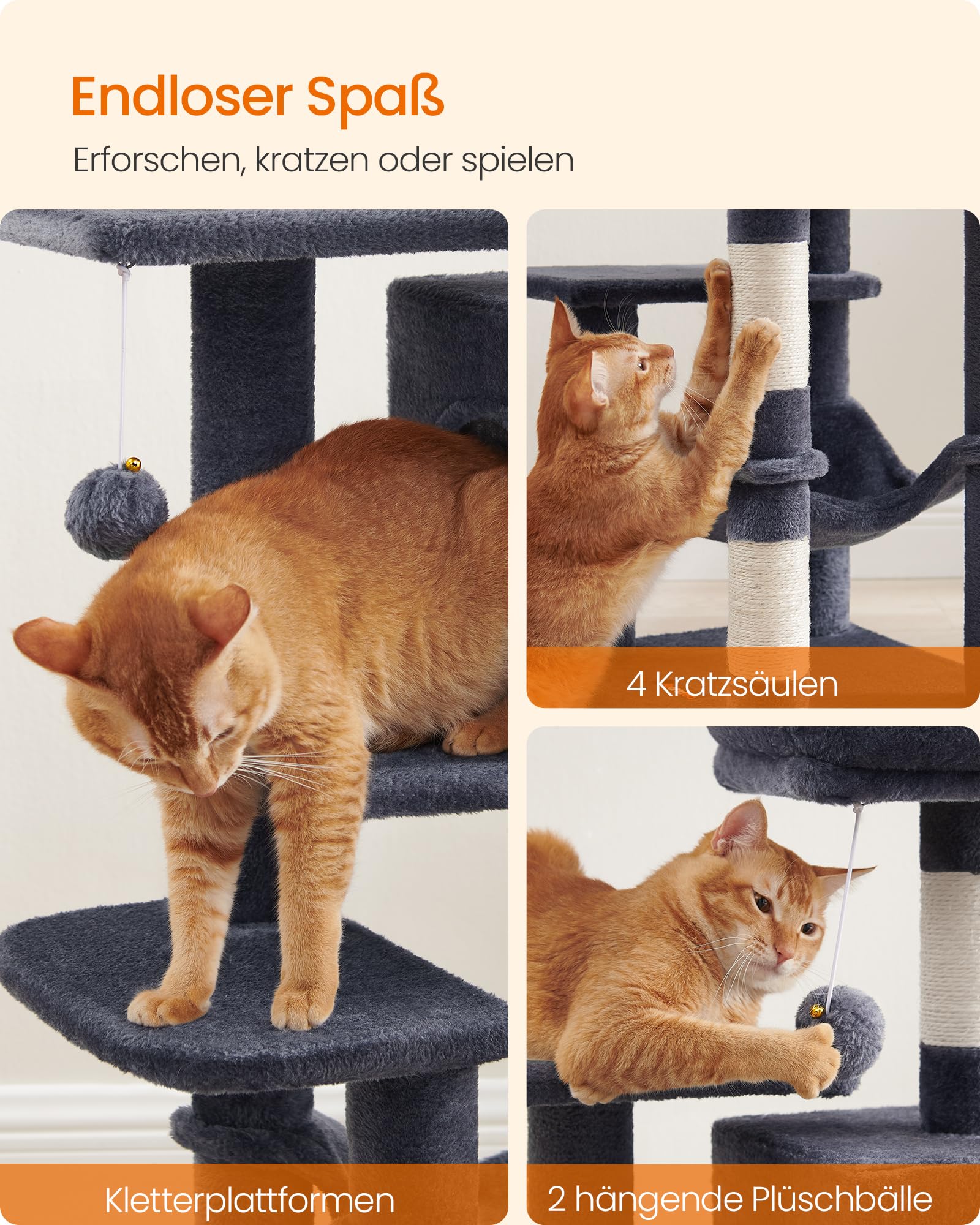 Feandrea Kratzbaum, 143 cm hoch, Katzenbaum, mehrstöckiges Katzenhaus, mit 4 Kratzsäulen, 2 Plattformen, Hängematte, Höhle, hellgrau PCT161W01