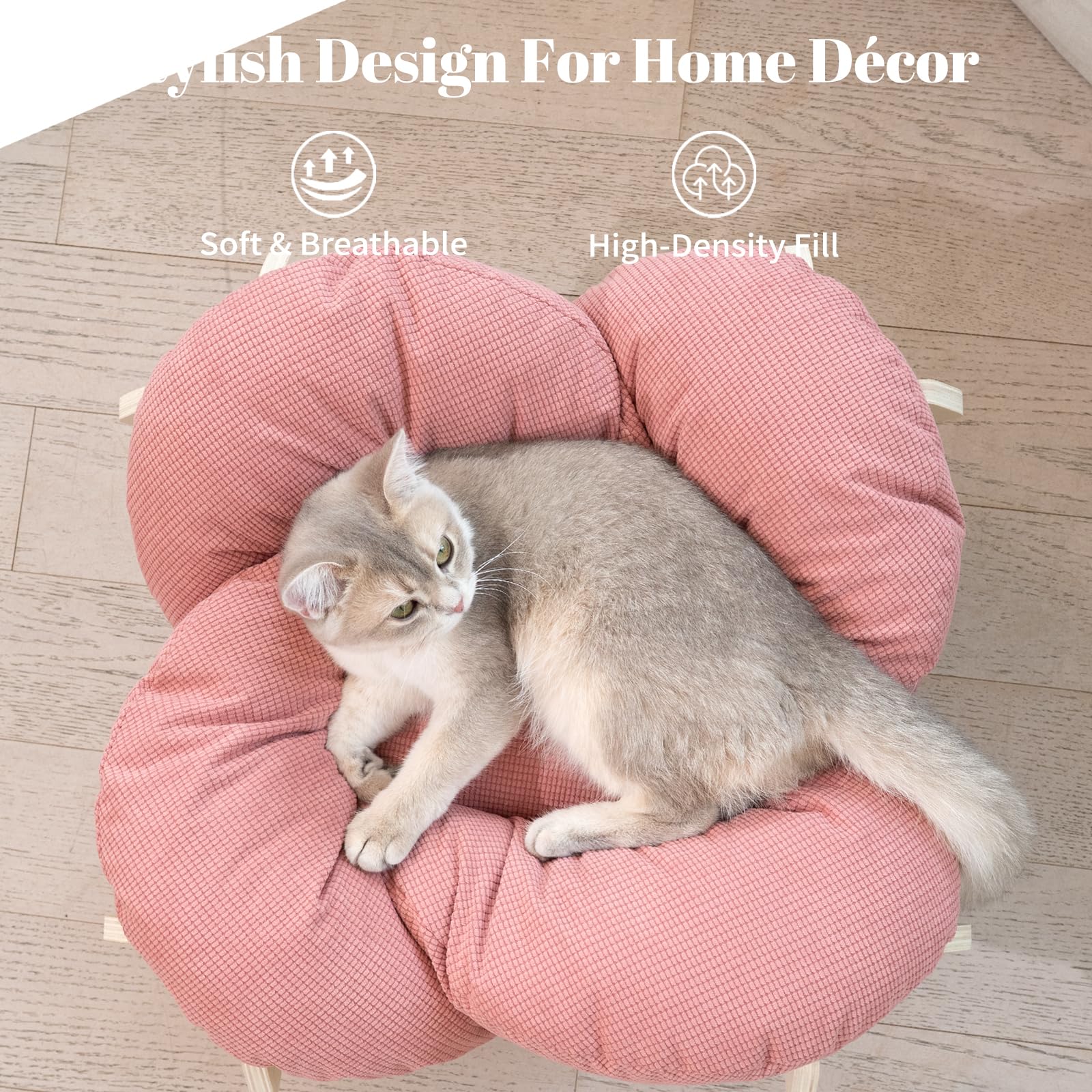 CheerPals Erhöhtes Katzenbett Blumenform, 55cm L&W Großes Katzensofa, Stilvoll Katzenstuhl mit Hochelastischer Weich Kissen, Katzenmöbel zum Schlafen für Alle Katze