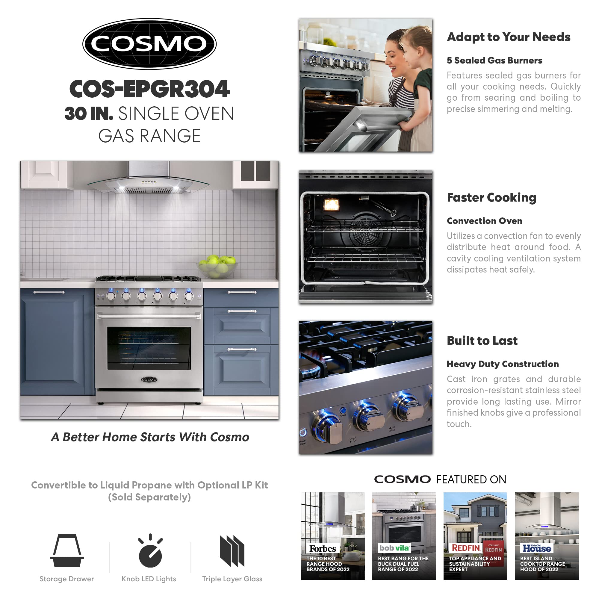 COSMO COS-EPGR366 36 in. Haven Collection 6.0 cu. ft. Gas Range, 6 Burners, Convection Oven, Knob LEDs, Storage Drawer, Stainless Steel