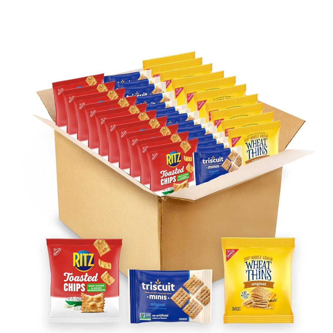 Nabisco Cracker Variety Pack, RITZ Toasted Chips, Wheat Thins Snacks Whole Grain Wheat Crackers and Triscuit Minis Whole Grain Wheat Vegan Crackers, 40 Snack Packs