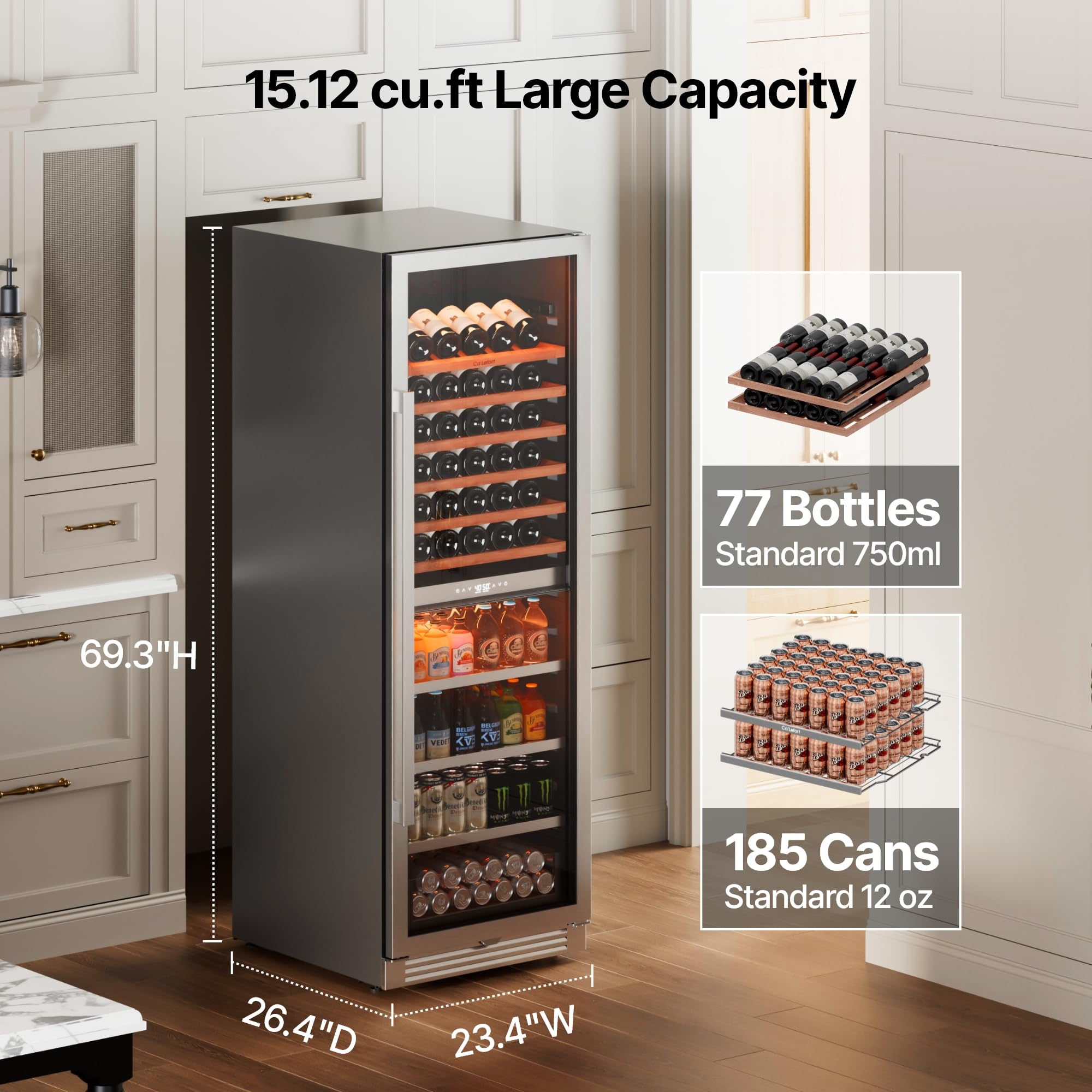 Ca'Lefort 15 Inch Wine Fridge, 33 Bottle Wine Cooler Refrigerator, 40-65°F Wine Refrigerator Glass Door, 3 LED Wine Fridge, Built-in or Freestanding Fridge for Home/Bar/Kitchen (3.0 cu.ft)