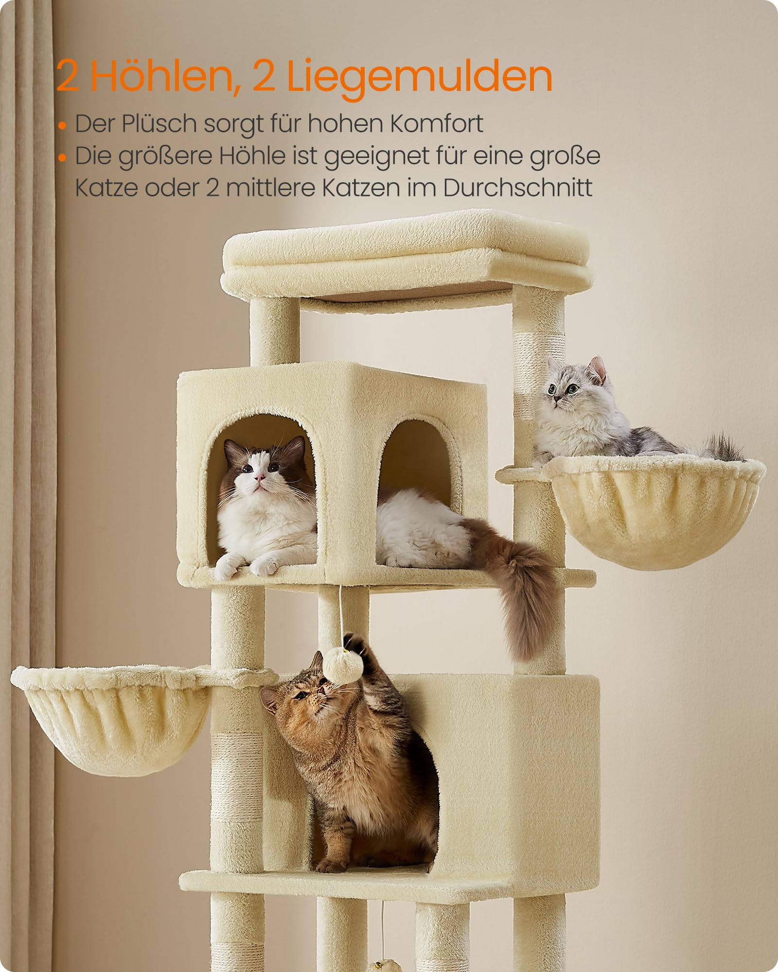 Feandrea Kratzbaum, 175 cm hoch, XL, mehrstöckiger Katzenbaum mit 2 Höhlen, 2 Liegemulden, 5 Kratzsäulen, Katzenbürste, große Plattform, Taubengrau PCT182G01
