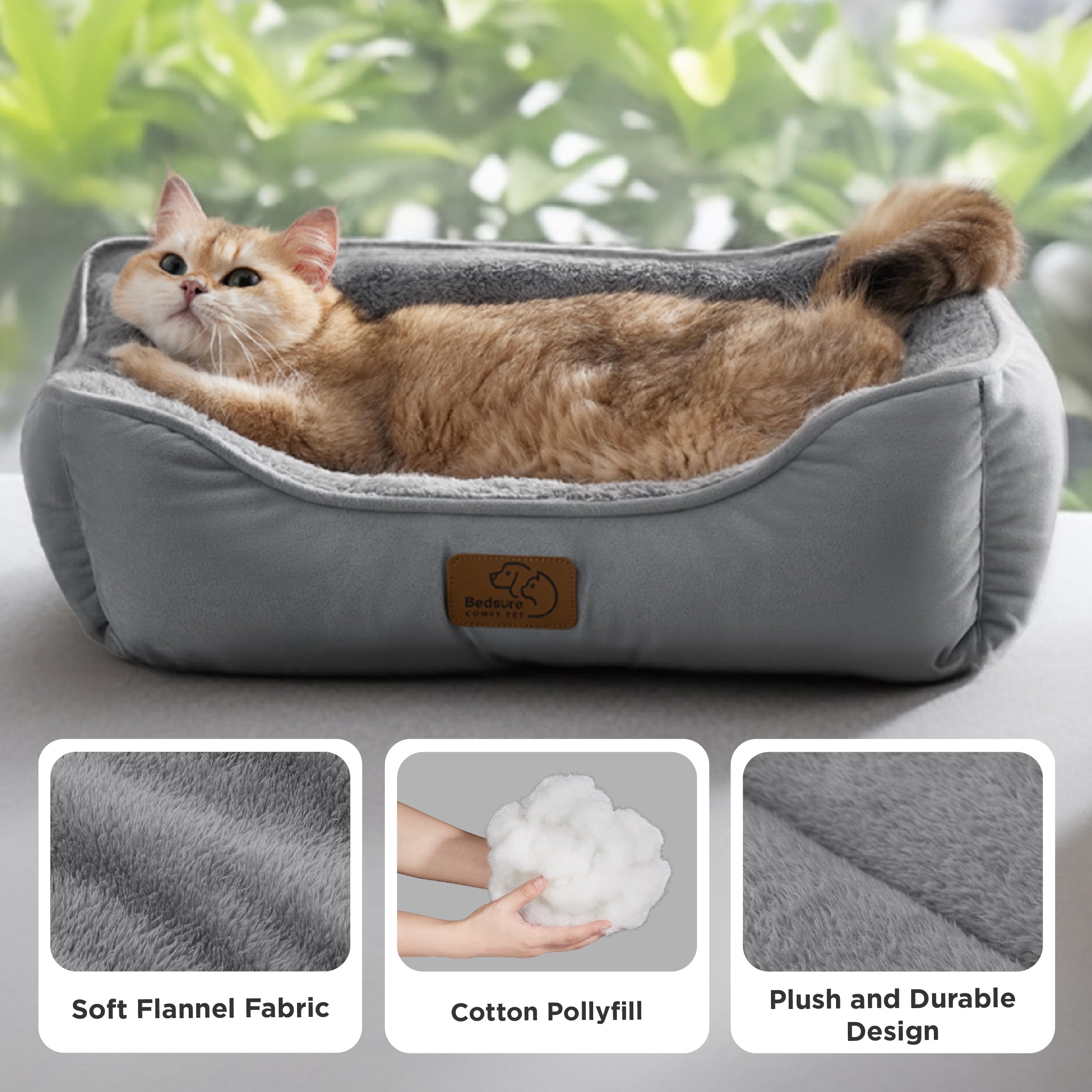 BEDSURE Katzenbett waschbar Katzen Bettchen - 51x41cm Katzenkorb Indoor mit Rutschfester Basis, quadratisches Hundebett für kleine Hunde mit weichem Rand, grau