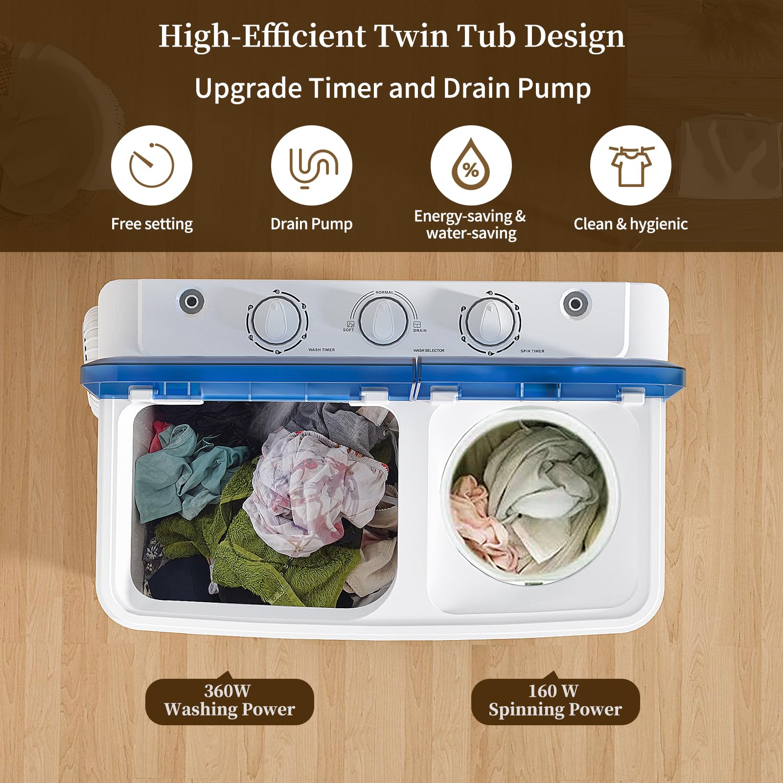 VCJ Portable Washing Machine, Twin Tub Washing Machine Laundry Compact Washer spinner Combo with 14lbs capacity, 9Lbs Washer and 5Lbs Spinner dryer for Apartments RVs and Dorms