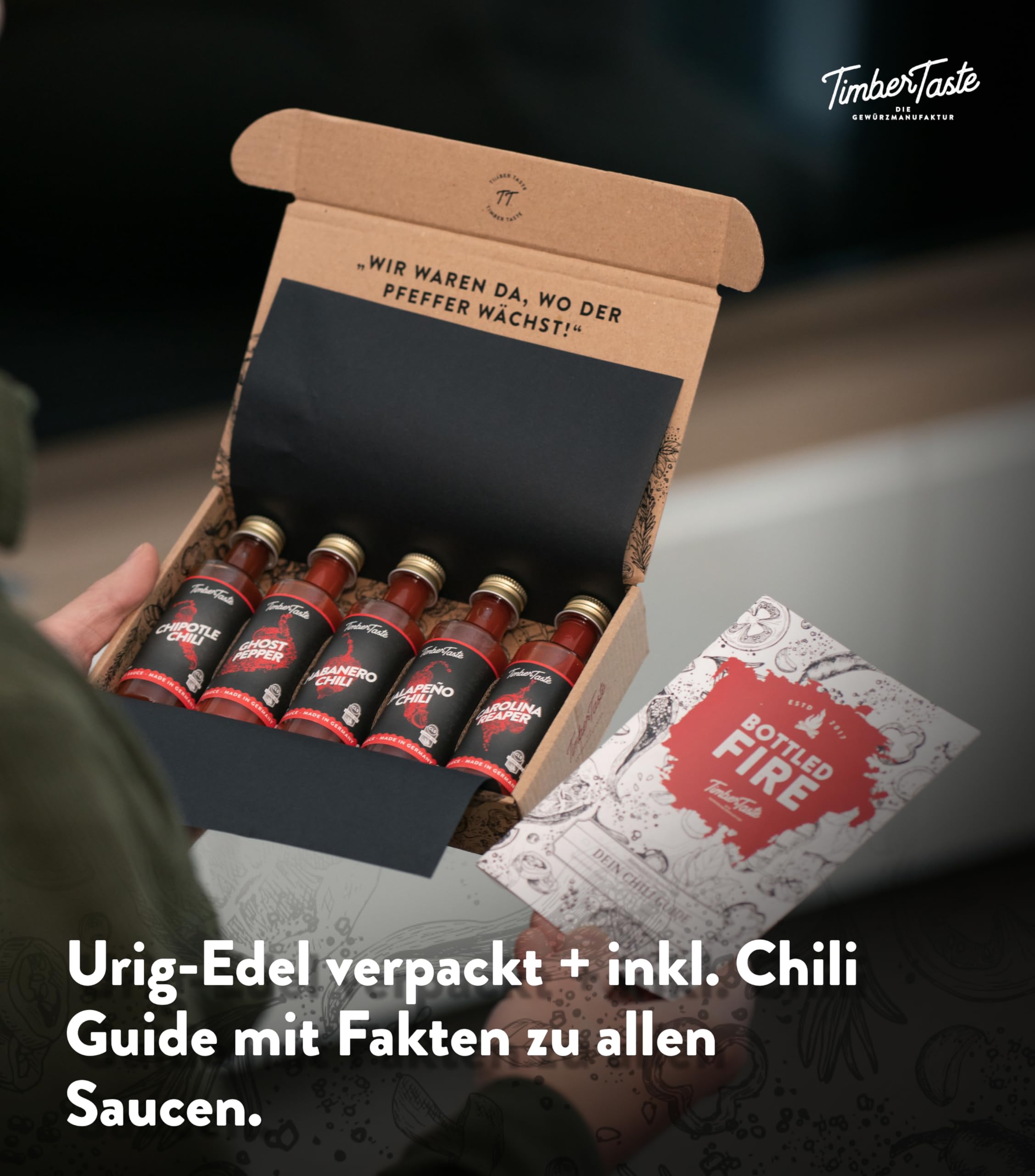 TIMBER TASTE® Chili Geschenkset scharfe Soßen Set - 5 Hot Sauce Set je 40ml in Geschenkverpackung für Liebhaber & Genießer scharfer Saucen | Ostergeschenk Mann | kleine Ostergeschenke Männer