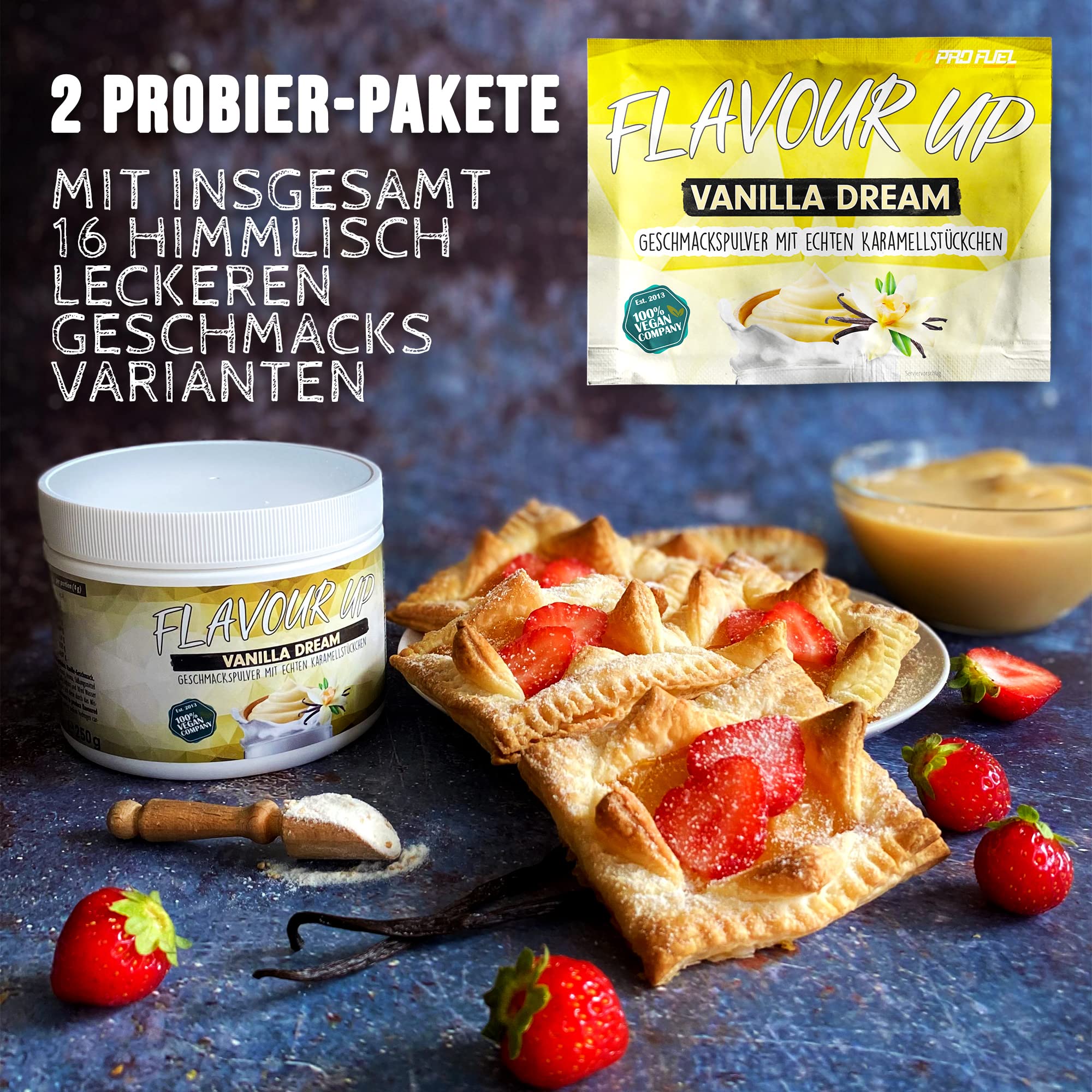 Geschmackspulver MIX PACK mit 8x30g Proben, 8 unglaublich leckere Flavours, nur 8-14 kcal pro Portion, Aroma & angenehme Süße, vielseitig einsetzbar für Lebensmittel & Getränke, FLAVOUR UP