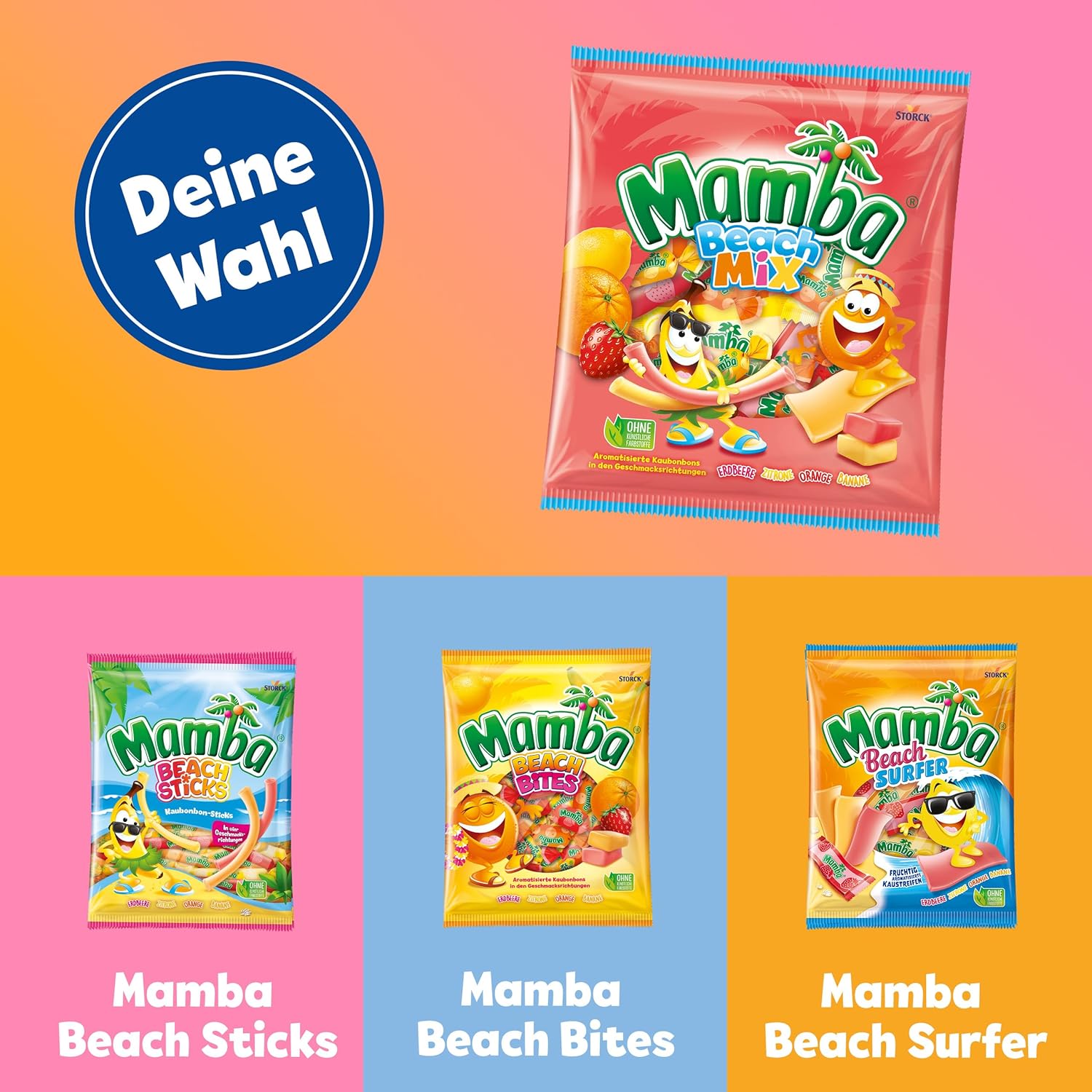 Mamba Beach Mix – 1 x 160g – Fruchtige Kaubonbons mit Mamba Beach Surfer, Mamba Beach Sticks & Mamba Beach Bites – Fruchtgummi Mix einzeln verpackt
