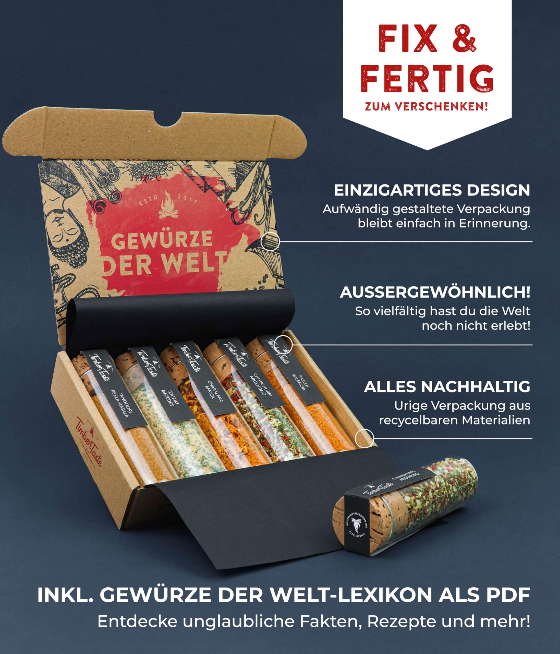 TIMBER TASTE® Grillgewürze Geschenkset - 5 premium BBQ Gewürze Rubs & Marinaden in edler Geschenkbox | Geschenke für Männer | Vatertag Geschenk | Gewürze Geschenkset ideal zum Grillen Geschenk Set