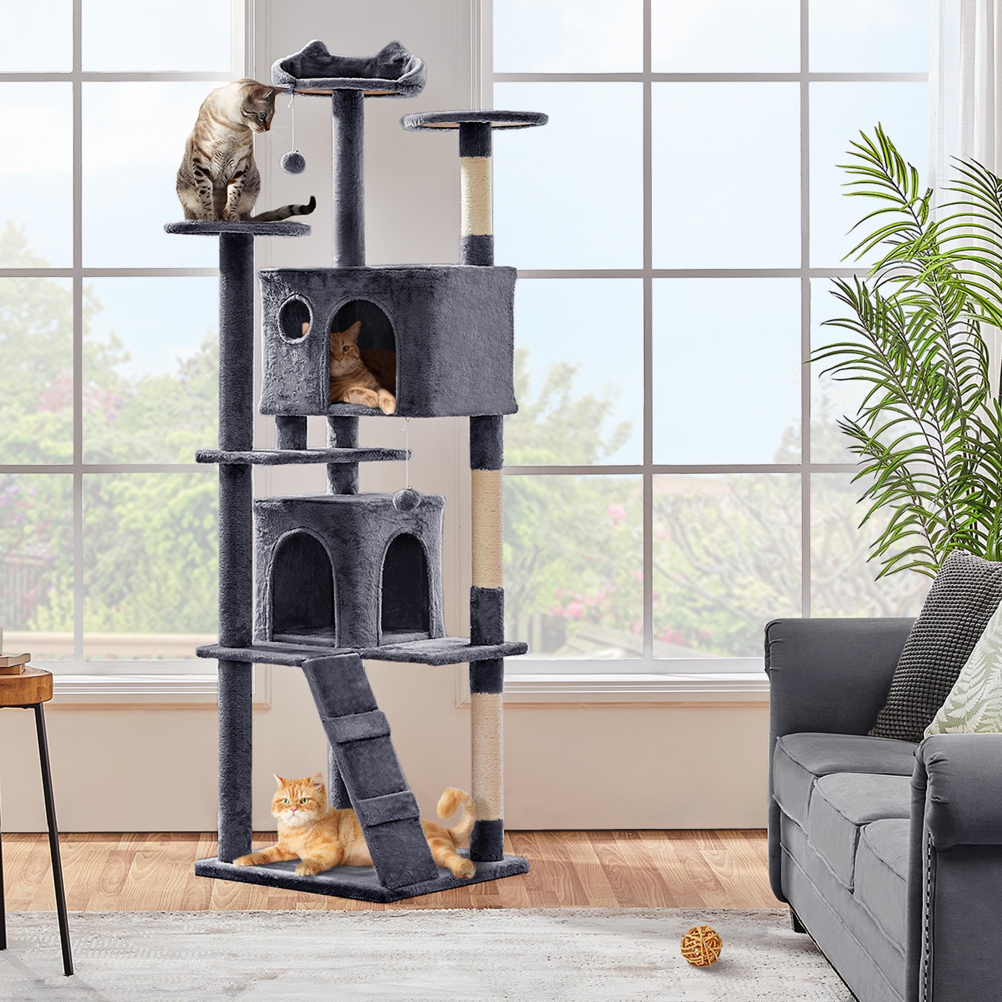 Yaheetech Kratzbaum Groß, 139 cm hoch, Mehrstöckiger Katzenbaum Kletterturm mit 3 Kratzsäulen, 3 Plattformen, 2 Gemütlichen Höhlen, 2 Plüschbällen, Stabiler Aktivitätsbereich für Katzen, Dunkelgrau