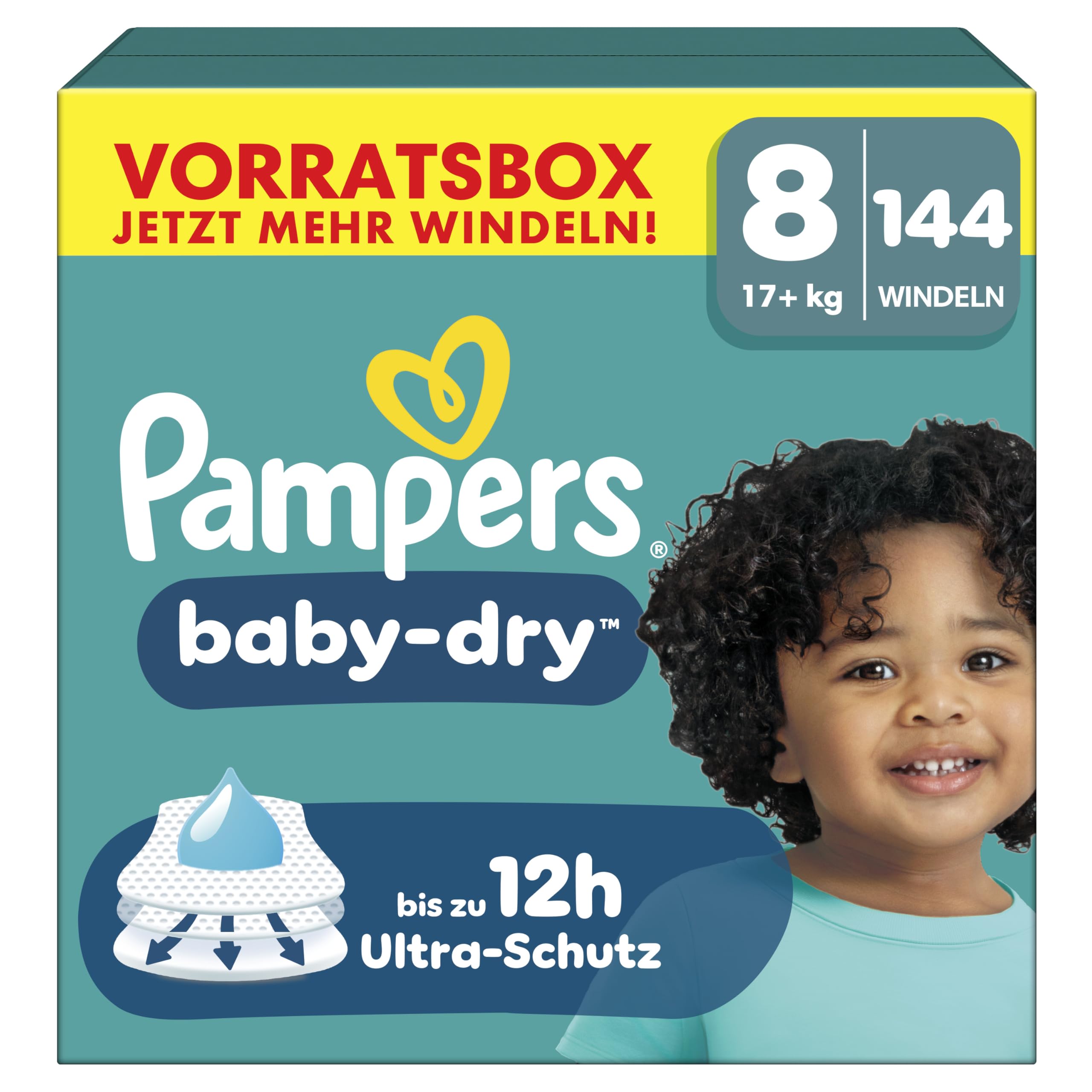 Pampers Baby-Dry Größe 8, 144 Windeln, 17kg+, Bis zu 100% Auslaufschutz & Komfort die ganze Nacht