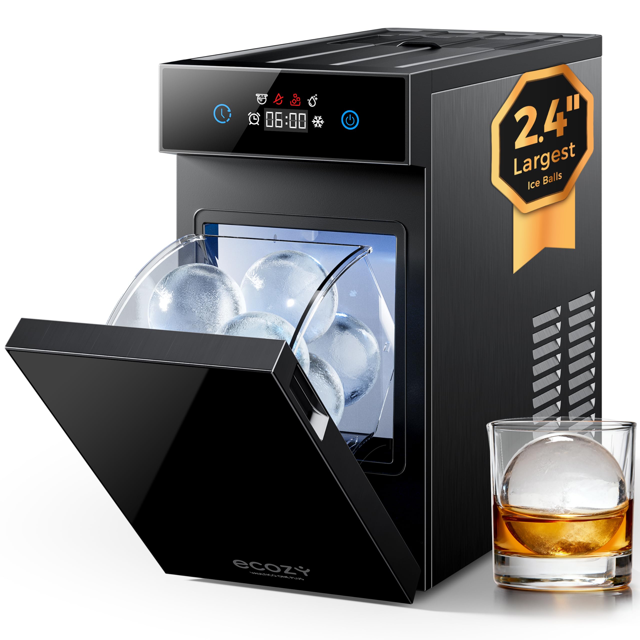 ecozy 2.1" Clear Ice Ball Maker Countertop with CrystalFlux Technology, Minimal Footprint Sphere Ice Maker with 8H Timer, 1 pc in 30 Mins, 48 pcs/Day, Self-Cleaning for Home Bar Whiskey & Bourbon