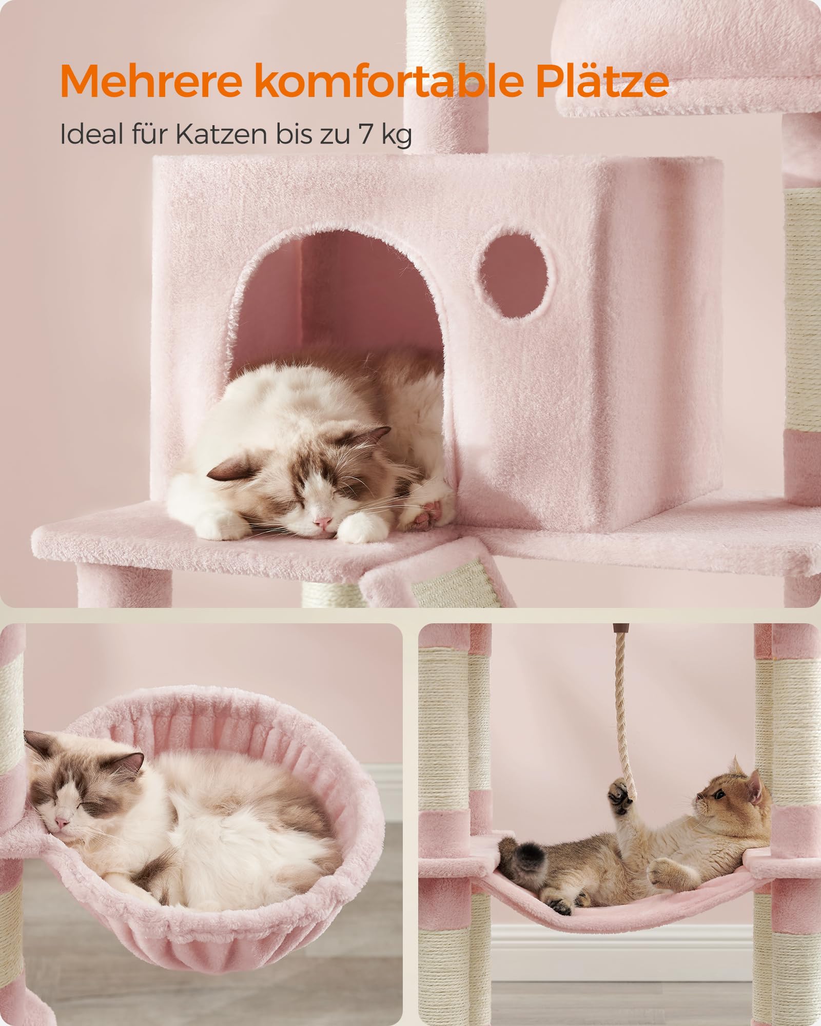 Feandrea Kratzbaum groß, 203,5 cm hoch, XXL Katzenbaum, mit 13 Kratzsäulen, 2 Plattformen, 2 Höhlen, Korb, Hängematte, Plüschbälle, mehrstöckiger Katzenkratzbaum, rauchgrau PCT190G01