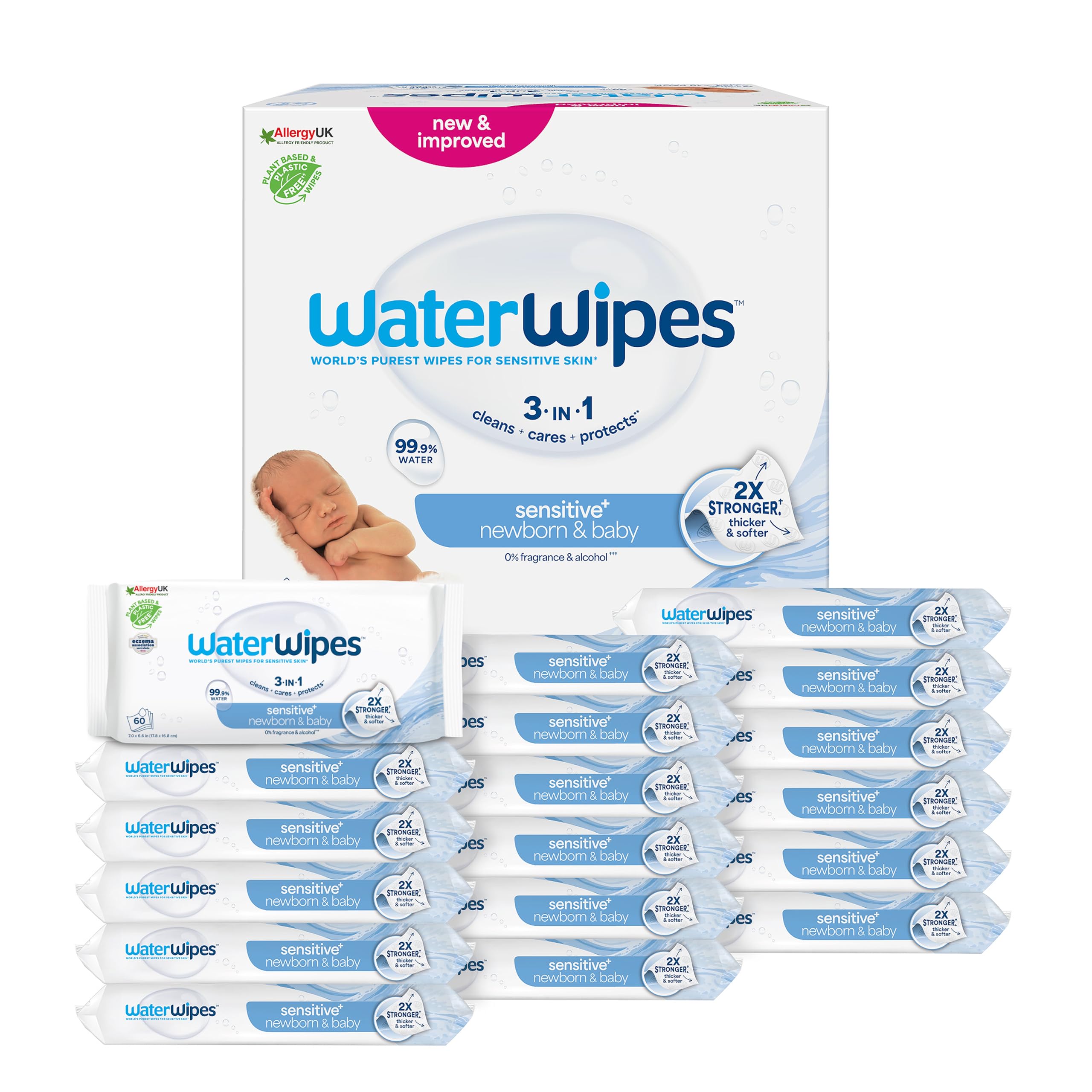 WaterWipes Sensitive+ Newborn & Baby Wipes, Feuchttücher für Neugeborene und Babys, 720 Stück (12 Packungen), 3-in-1-Reinigung, Pflege, Schutz, 99,9% Wasser, parfümfrei