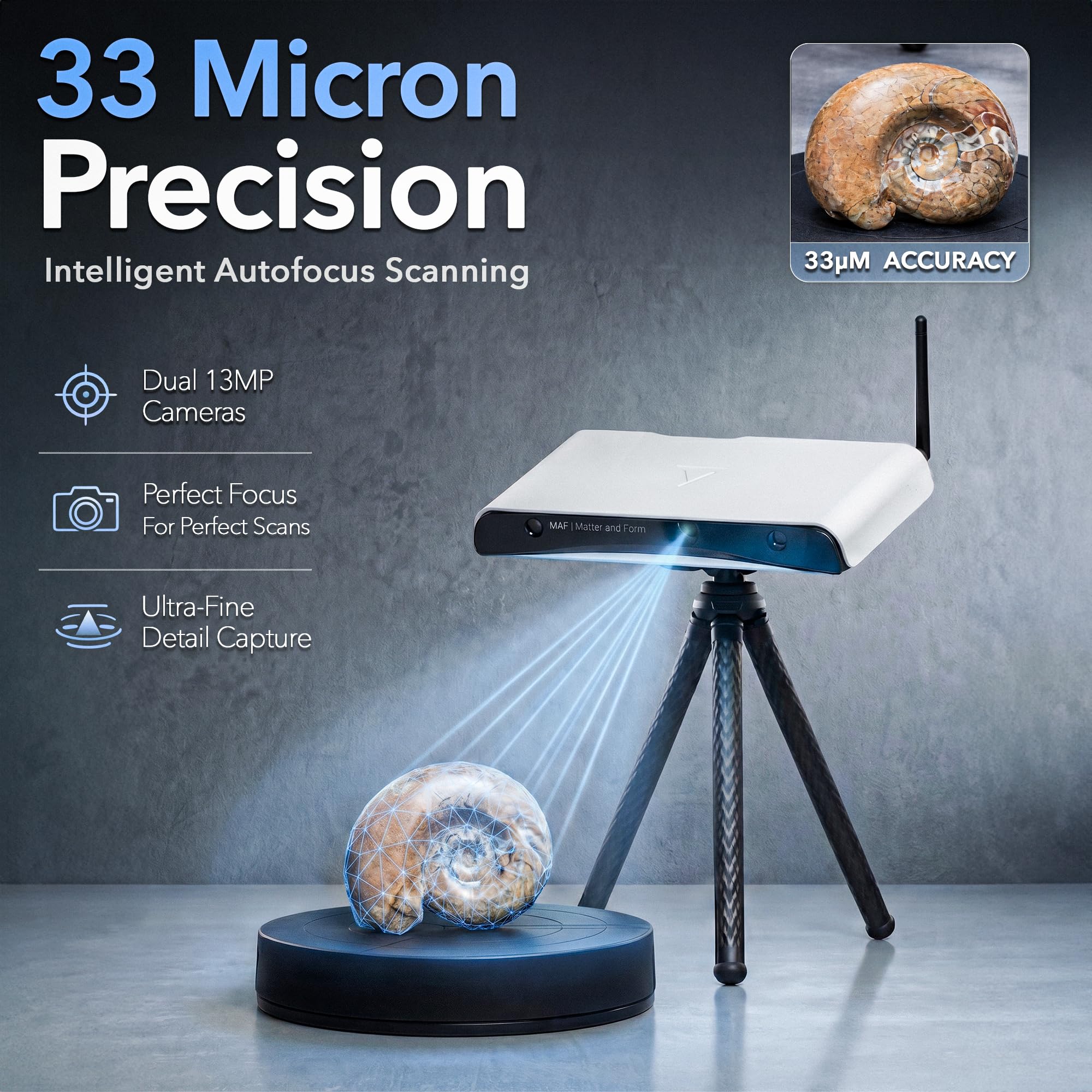 Matter and Form Three 3D Scanner – 33 Micron Accuracy, Autofocus 13MP Cameras, No Tracking Dots Needed, True-Life Color, Scan Jewelry to Car Engines, Compatible with Every Computer and OS