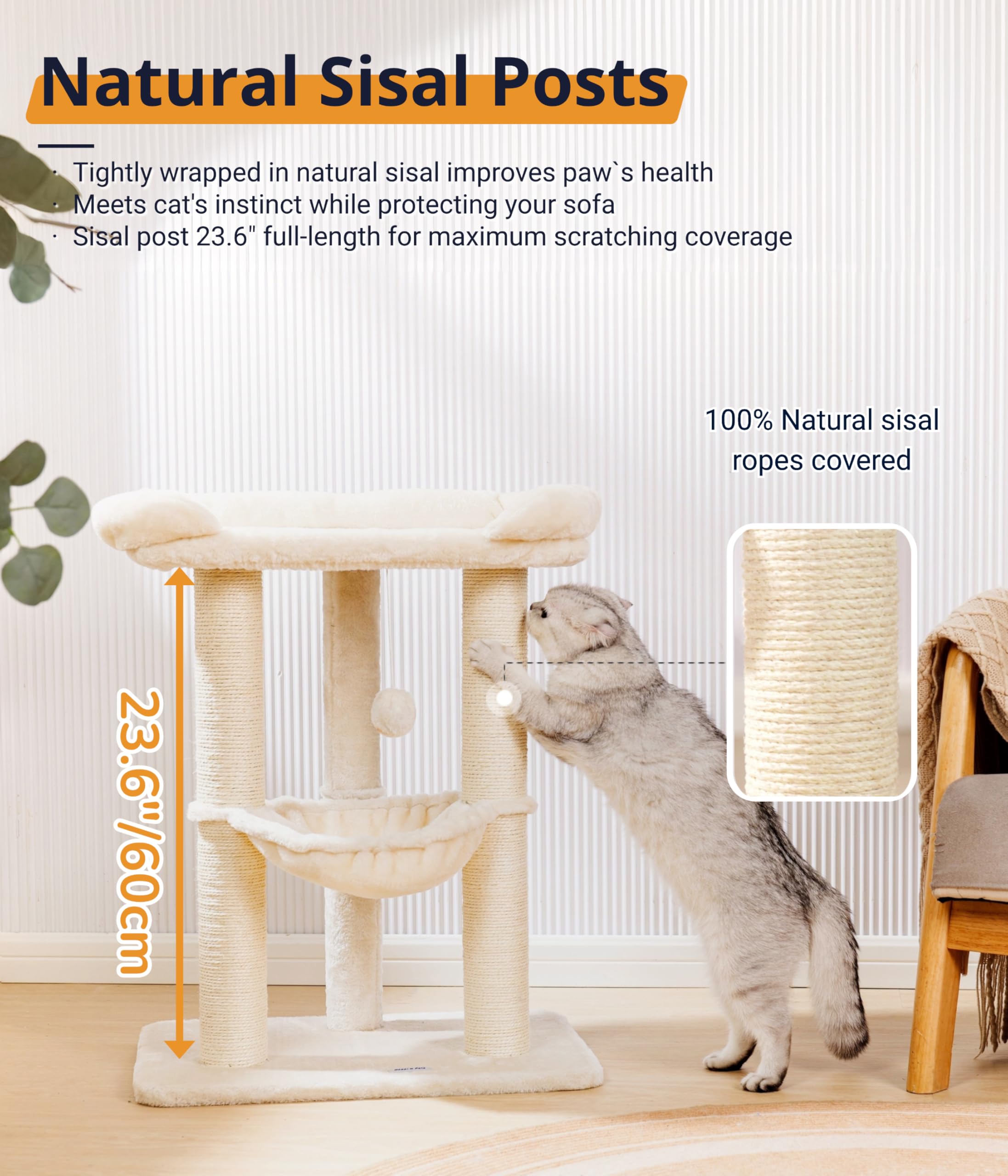 Happi N Pets 71CM Kratzbaum für Katzen, Hoher Kratzstamm mit großem Bett für große Katzen, Sisal-Kratzbaum mit weicher Liegefläche & Hängematte, Stabiler Katzenbaum, Abnehmbarer Bezug-Beige