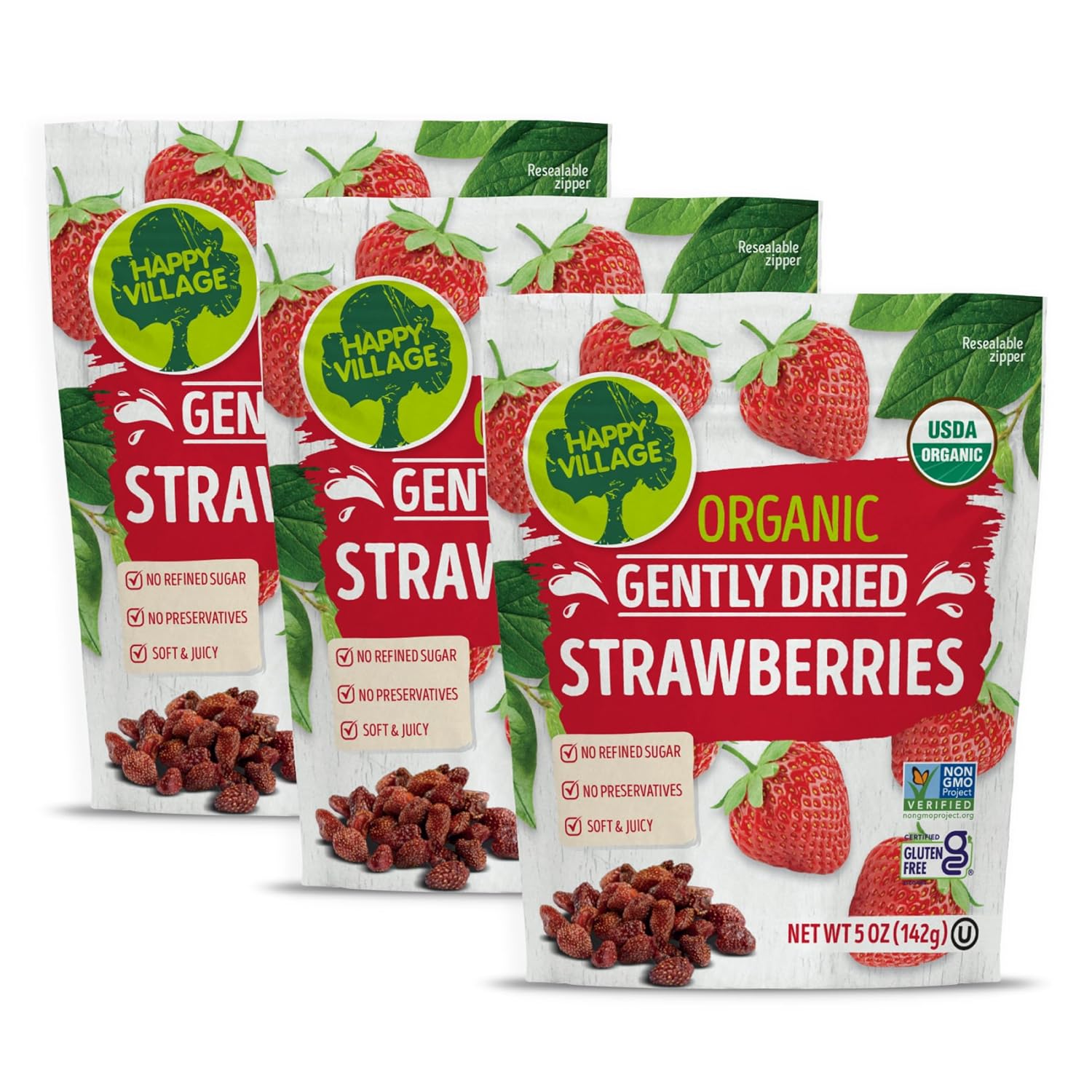 Happy Village Organic Whole Dried Strawberries, 18 OZ Resealable Pack - Soft & Juicy, Kosher, Non-GMO, No Refined Sugar, Apple Juice Infused Dried Strawberry