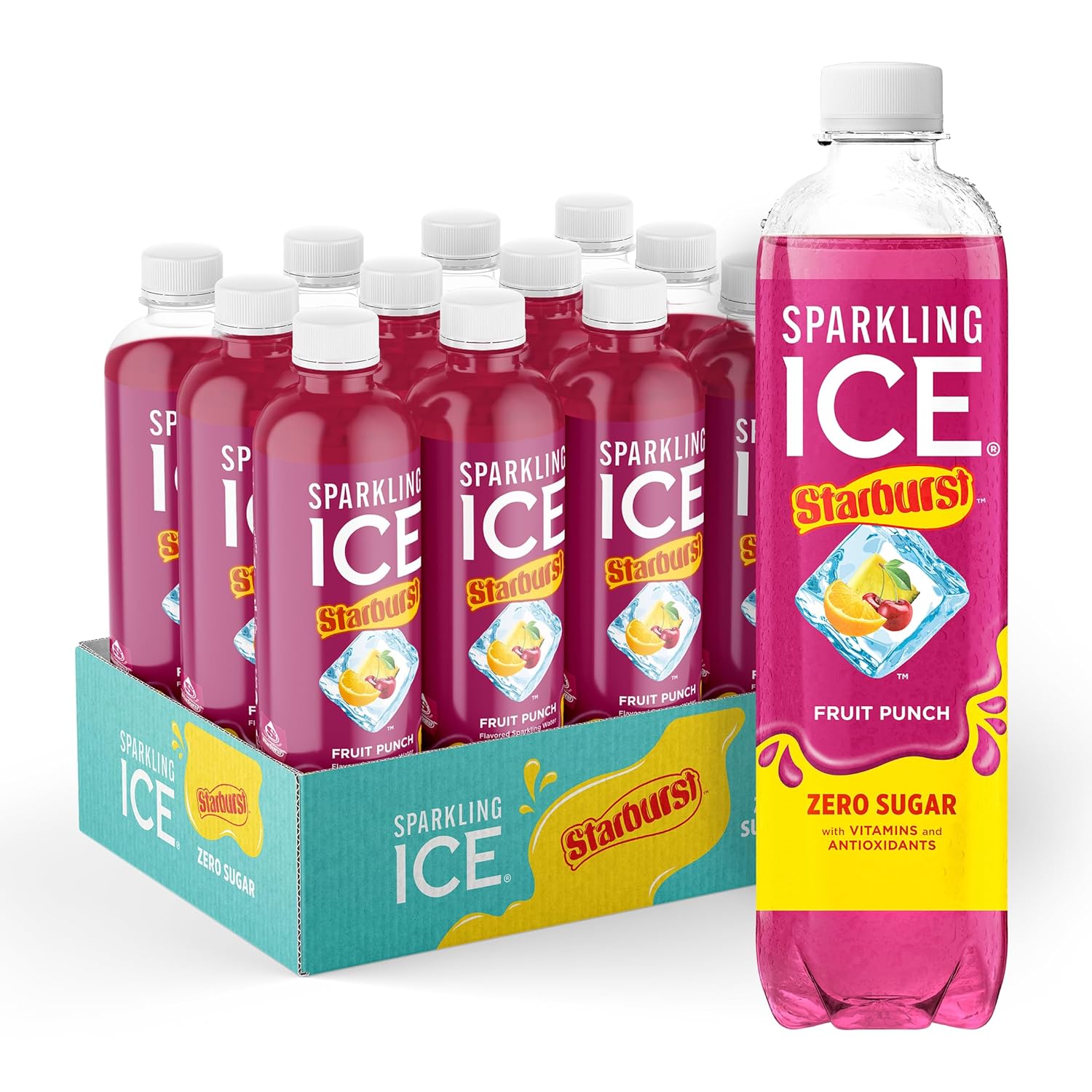 Sparkling Ice STARBURST Red Variety Pack, Zero Sugar Flavored Sparkling Water, Vitamins & Antioxidants, 17 fl oz, 12 count (Kiwi Strawberry, Black Cherry, Starburst Fruit Punch, Starburst Watermelon)