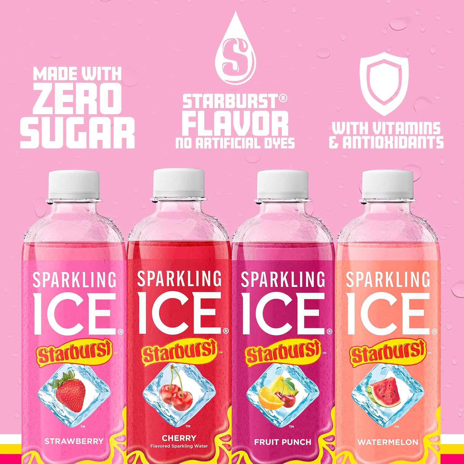 Sparkling Ice® STARBURST™ Variety Pack, Zero Sugar Flavored Sparkling Water, with Vitamins and Antioxidants, Low Calorie Beverage, 17 fl oz, 12 count (Strawberry, Cherry, Fruit Punch, Watermelon)