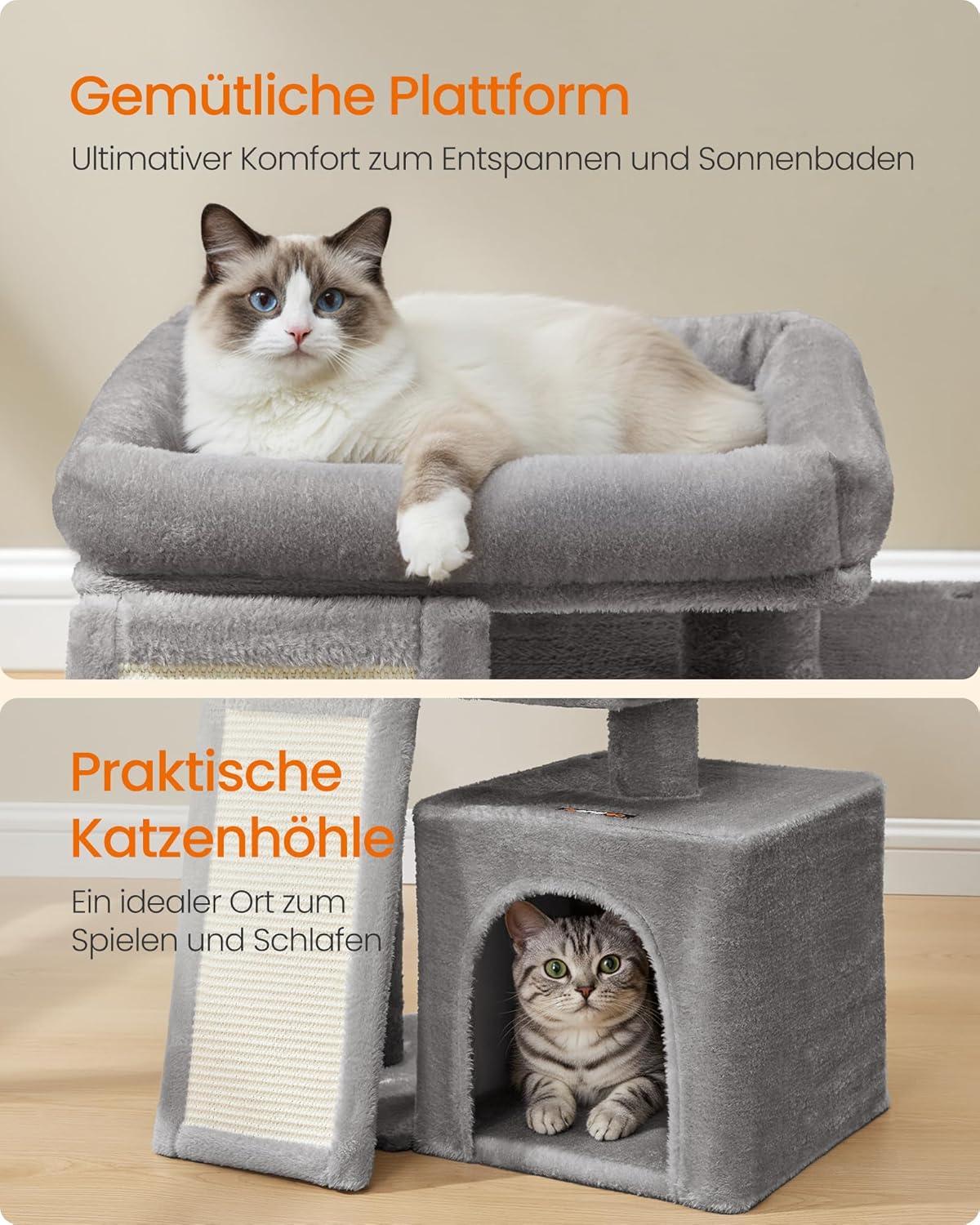 Feandrea Kratzbaum, Katzenbaum mit Kratzsäulen, Rampe, Katzenkratzbaum, 2 große Plattformen, Höhle und Korb, 85,8 cm hoch, Taubengrau PCT013GD01