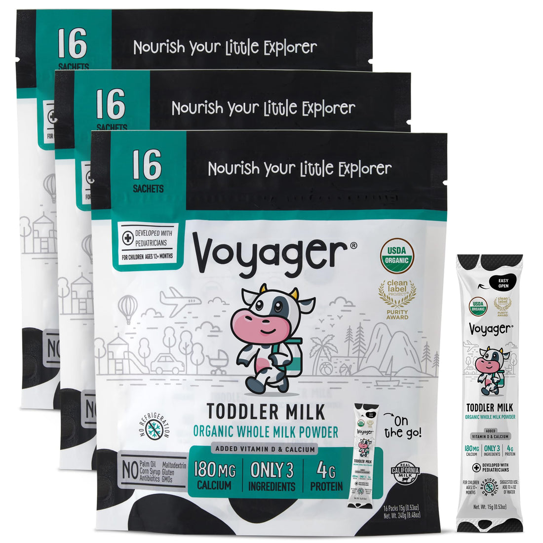 Voyager Toddler Milk On The Go, USDA Organic Shelf Stable Whole Milk Powder, Great for Travel, No Refrigeration, Gluten Free with No GMOs and No Antibiotics for Kids, 16 Sachets of 15g