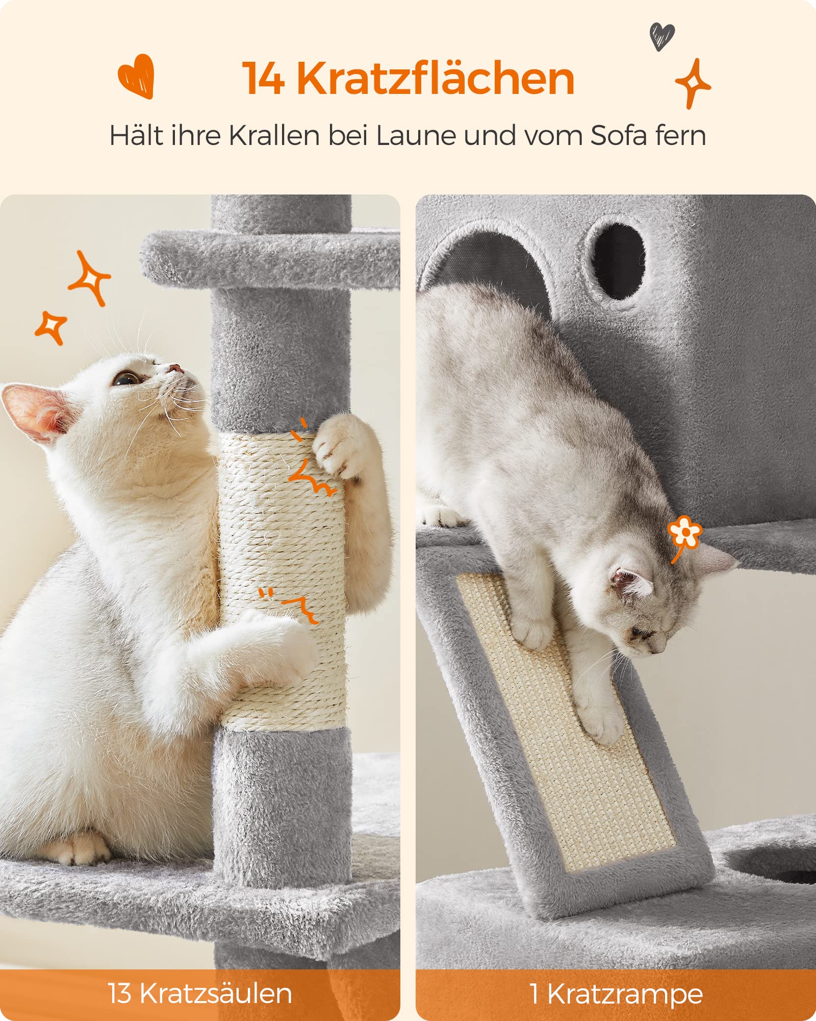 Feandrea Kratzbaum groß, 203,5 cm hoch, XXL Katzenbaum, mit 13 Kratzsäulen, 2 Plattformen, 2 Höhlen, Korb, Hängematte, Plüschbälle, mehrstöckiger Katzenkratzbaum, rauchgrau PCT190G01