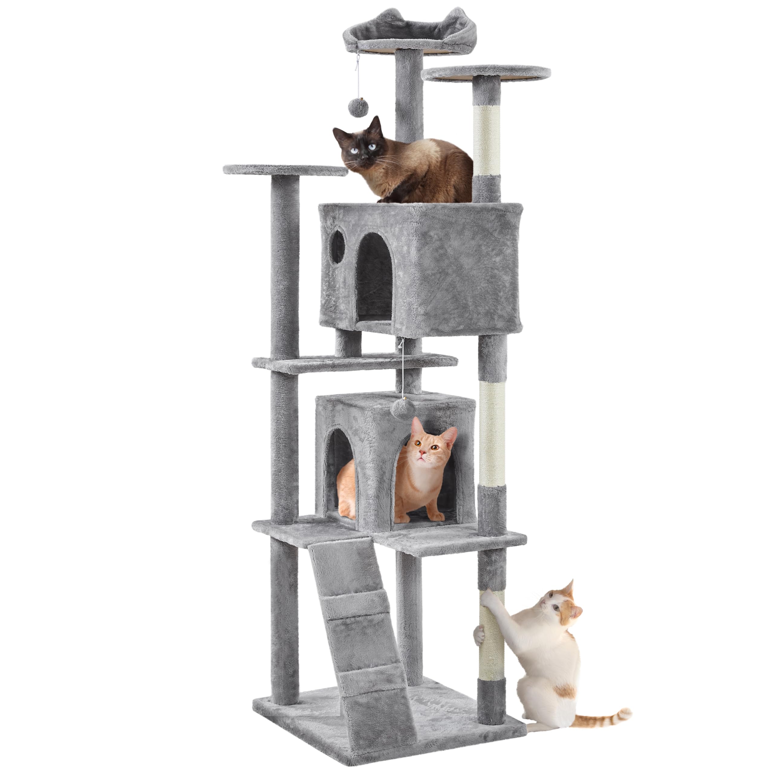 Yaheetech Kratzbaum Groß, 139 cm hoch, Mehrstöckiger Katzenbaum Kletterturm mit 3 Kratzsäulen, 3 Plattformen, 2 Gemütlichen Höhlen, 2 Plüschbällen, Stabiler Aktivitätsbereich für Katzen, Dunkelgrau