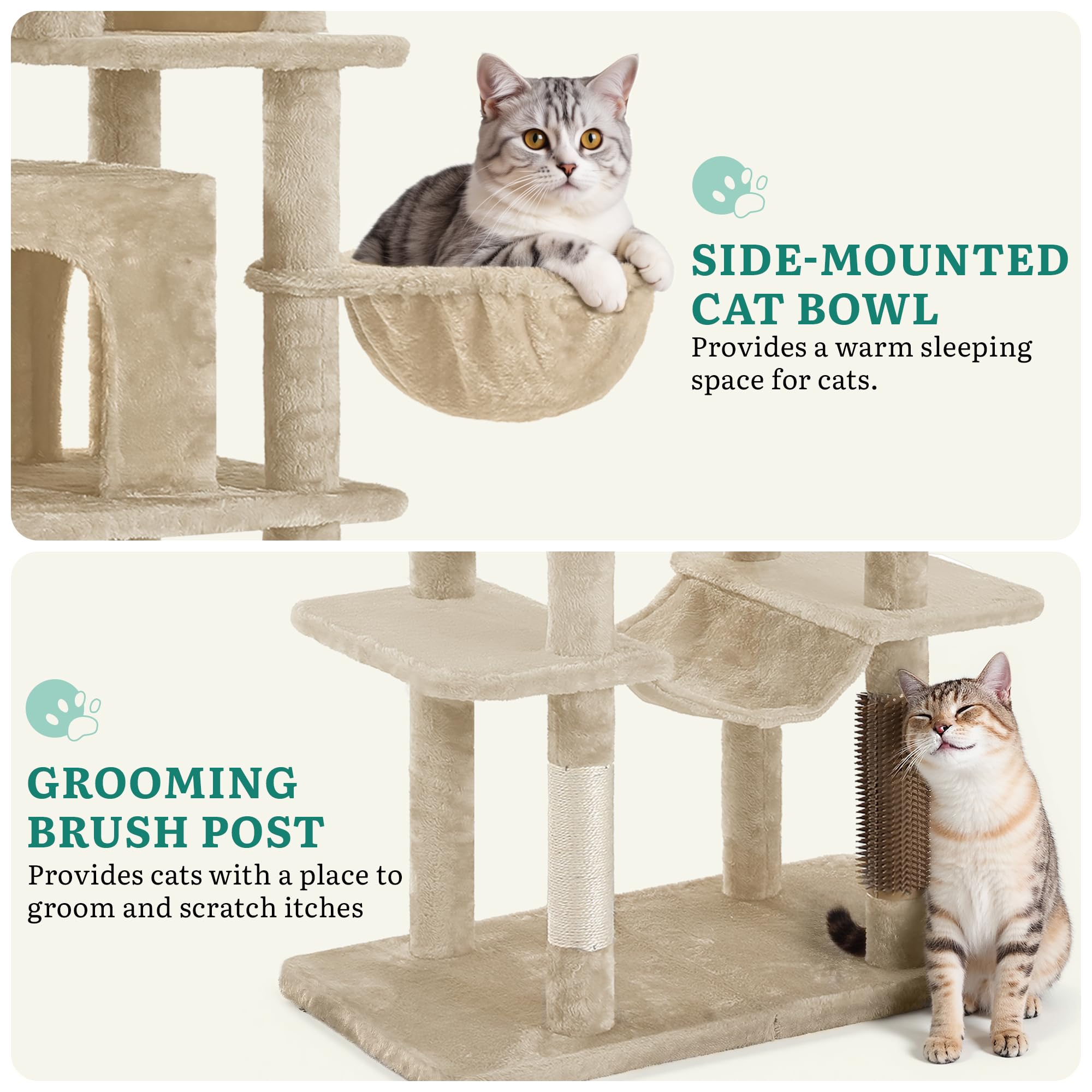 YITAHOME Kratzbaum, Katzenkratzbaum, für Große Katze, Katzenbaum, Katzenbürsten, 11 cm Dicke Stämme, Große Plattformen, Plüschkissen, Höhle, 50 x 50 x 157 cm, Beige