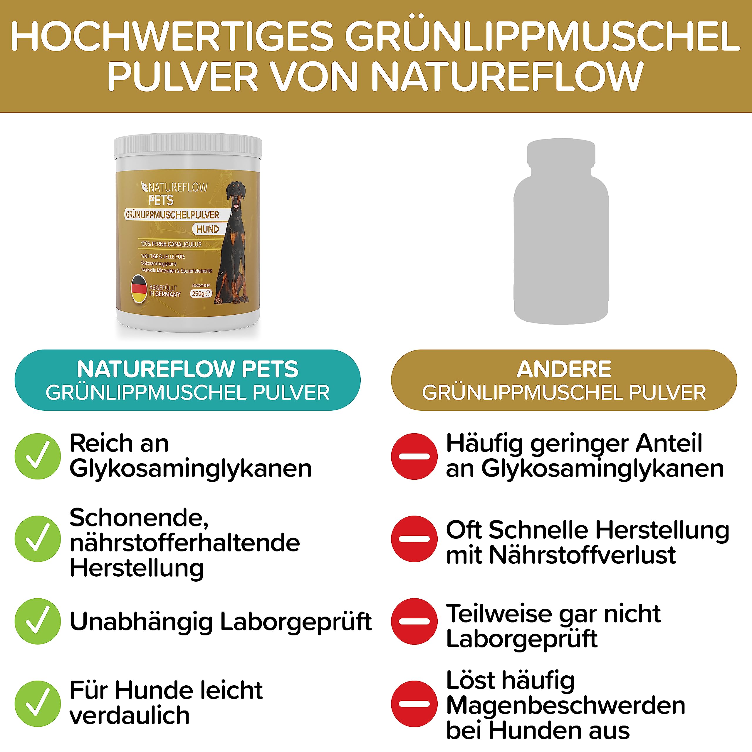 Grünlippmuschel Hund TESTSIEGER - 500g natürliches Grünlippmuschelpulver für Hunde - Unterstützung der Gelenkfunktion - Grünlippmuschel für Hunde mit Hoher Akzeptanz - Grünlippmuschelpulver Hund