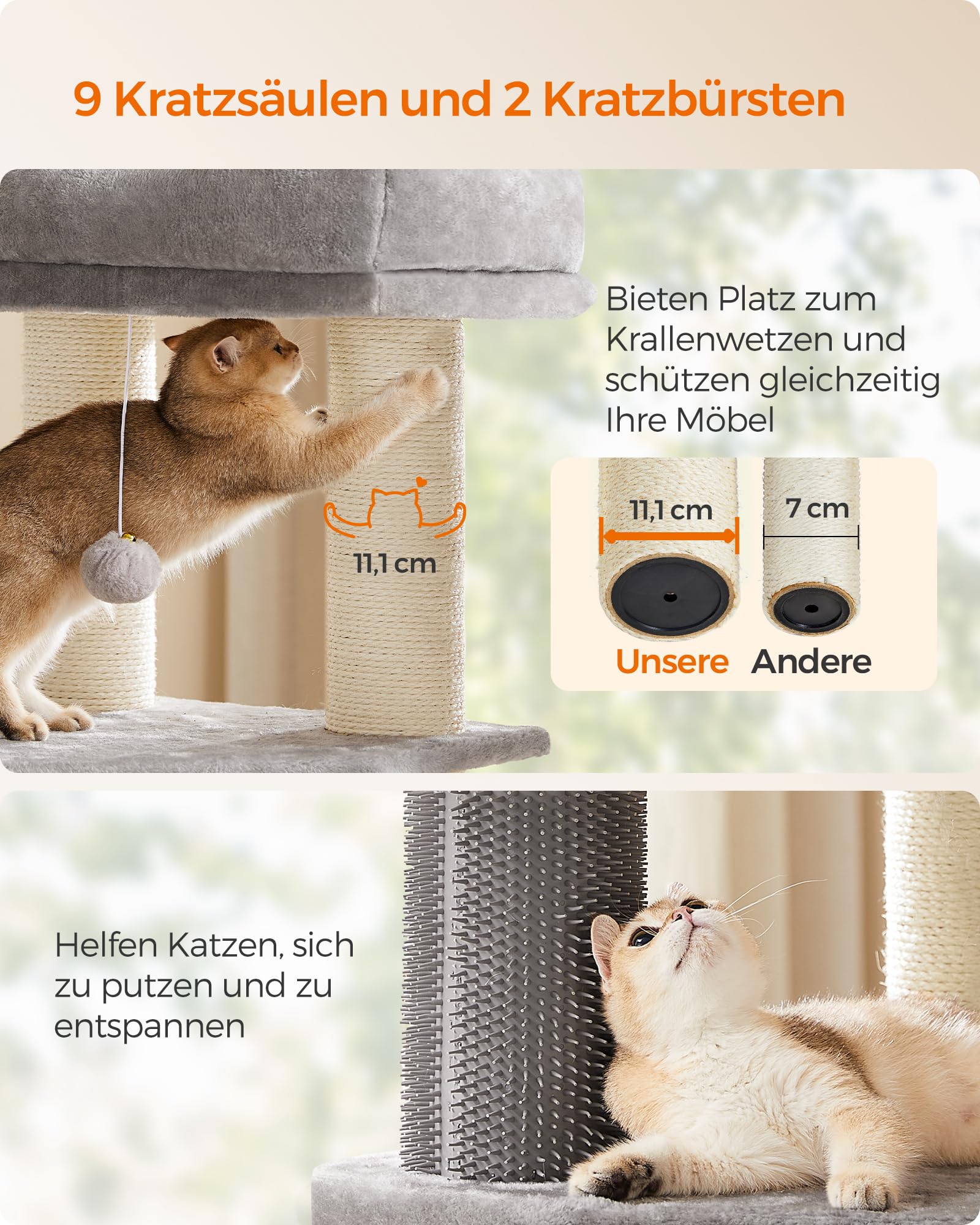 Feandrea Kratzbaum, mit warmen Decken, für große Katze, Katzenbaum, 2 Katzenbürsten, 11,1 cm d Dicke Stämme, große Plattformen, Höhle, 50 x 50 x 160 cm, Taubengrau-schwarz PCT003W01