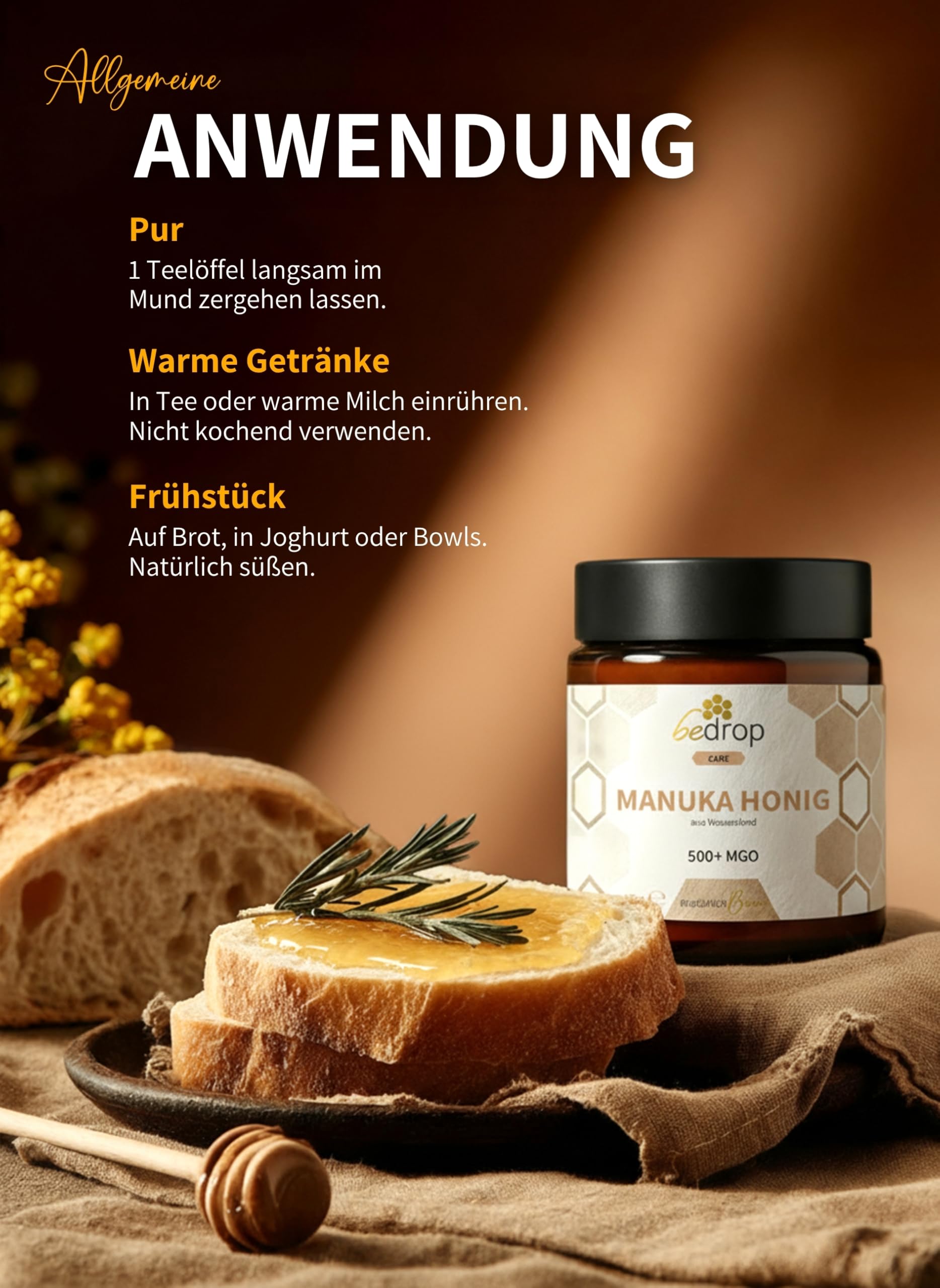 bedrop Manuka Honig mit MGO 500+ XXL Glas - 100% echter Premium Manukahonig aus Neuseeland mit zertifiziertem Methylglyoxal Gehalt (Analyse-Zertifikat) - 140g