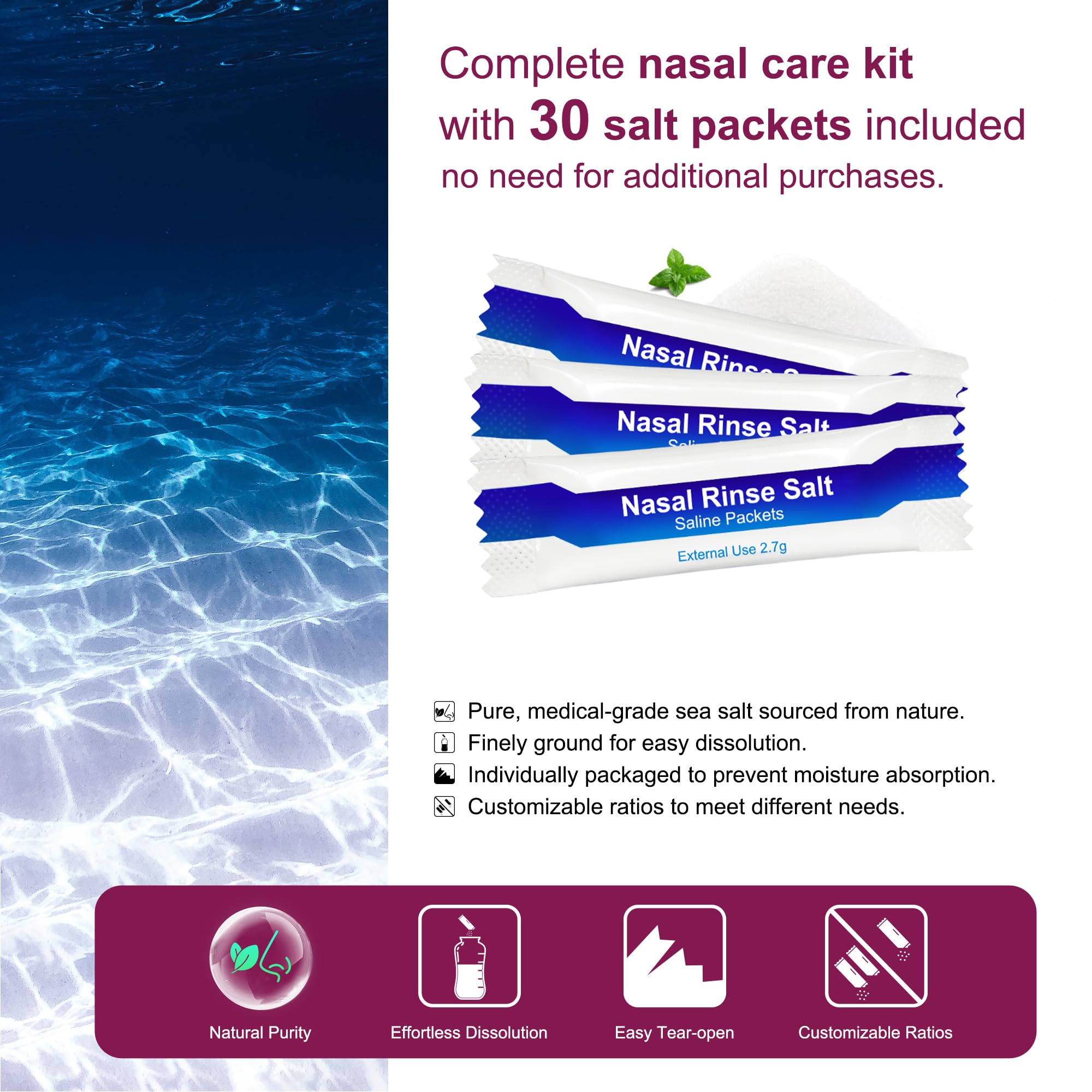 Nasendusche Set, Nasenspülkanne zur Nasenreinigung und Nasenspülung，BPA-frei, 300 ml, mit 30 Nasenwasch-Salzpaketen und Aufkleberthermometer