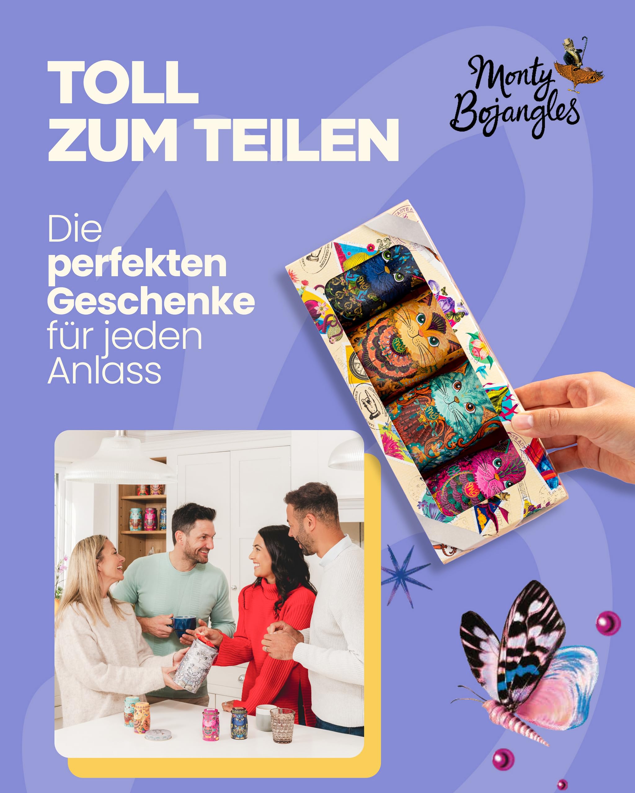 Monty Bojangles Kit-Tins Schokoladentrüffel (4 x 36g) Truffle Pralinen mit Kakao bestäubt Pralinen, Schokolade Sammlerdose mit Katzen-Design, Geschenkset mit vier Geschmacksrichtungen