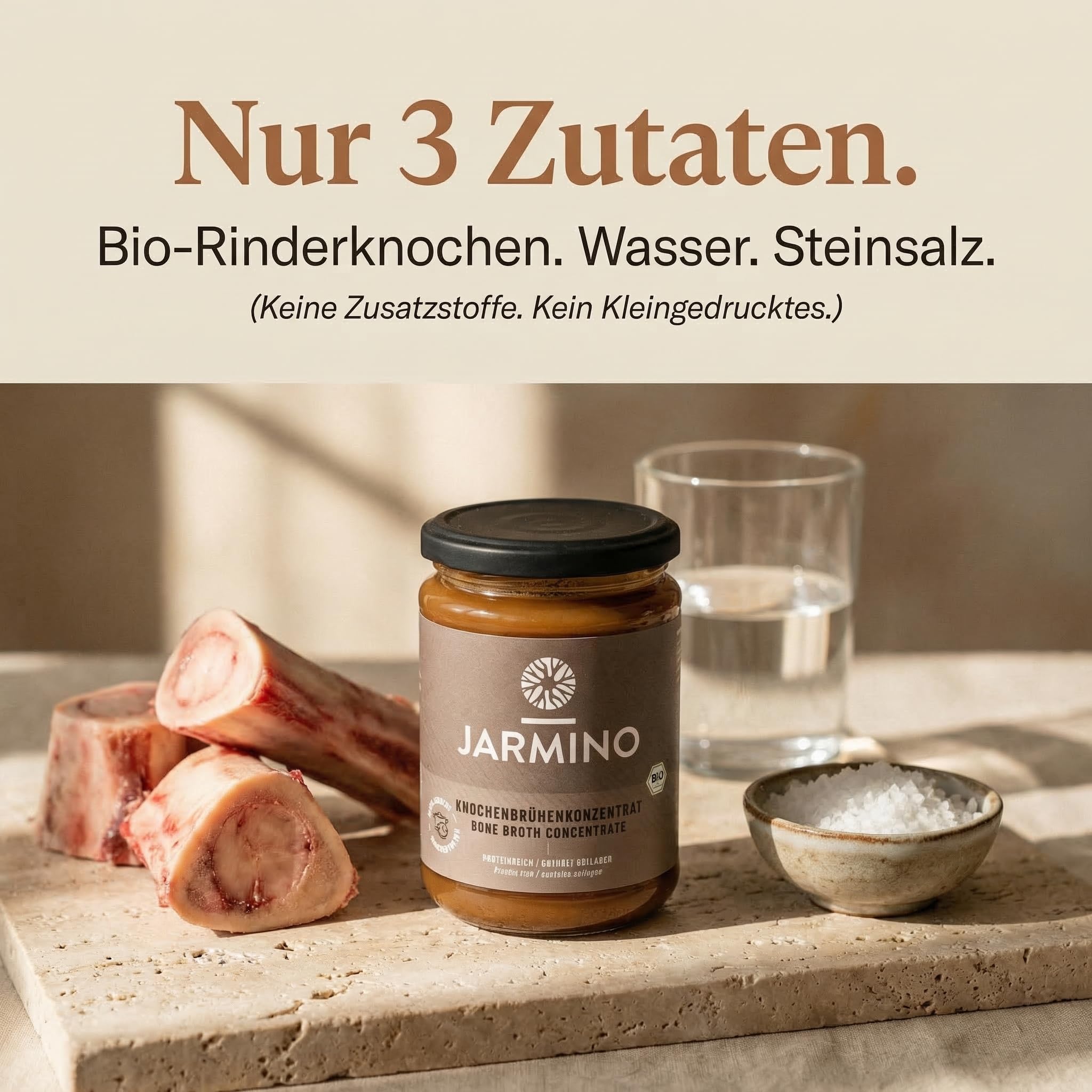 JARMINO Bio Rinderknochenbrühe Konzentrat, Grasgefütterte Brühe für Menschen, Flüssige Knochenbrühe mit Kollagenprotein, Keto, Paleo & AIP geeignet, Rinderbrühe, 440 g, 44 Portionen