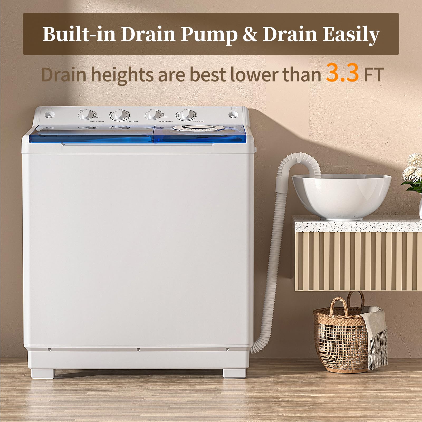 VCJ Portable Washing Machine, Twin Tub Washing Machine Laundry Compact Washer spinner Combo with 14lbs capacity, 9Lbs Washer and 5Lbs Spinner dryer for Apartments RVs and Dorms