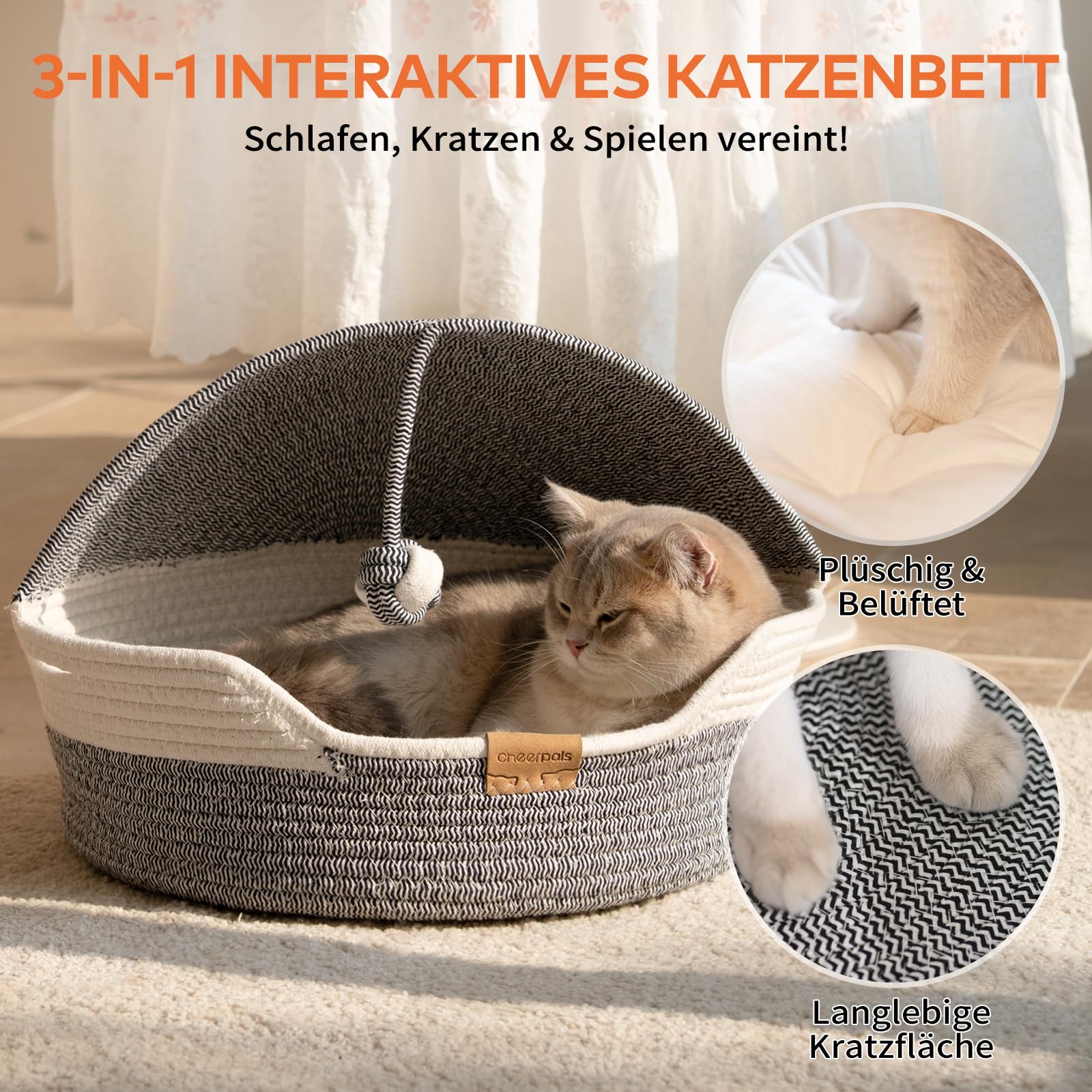 CheerPals Katzenbett mit Kissen, 47cm Waschbar Katzenkorb aus Baumwollseilen geflochten, zum Schlafen für Alle Katze, All Season Universal